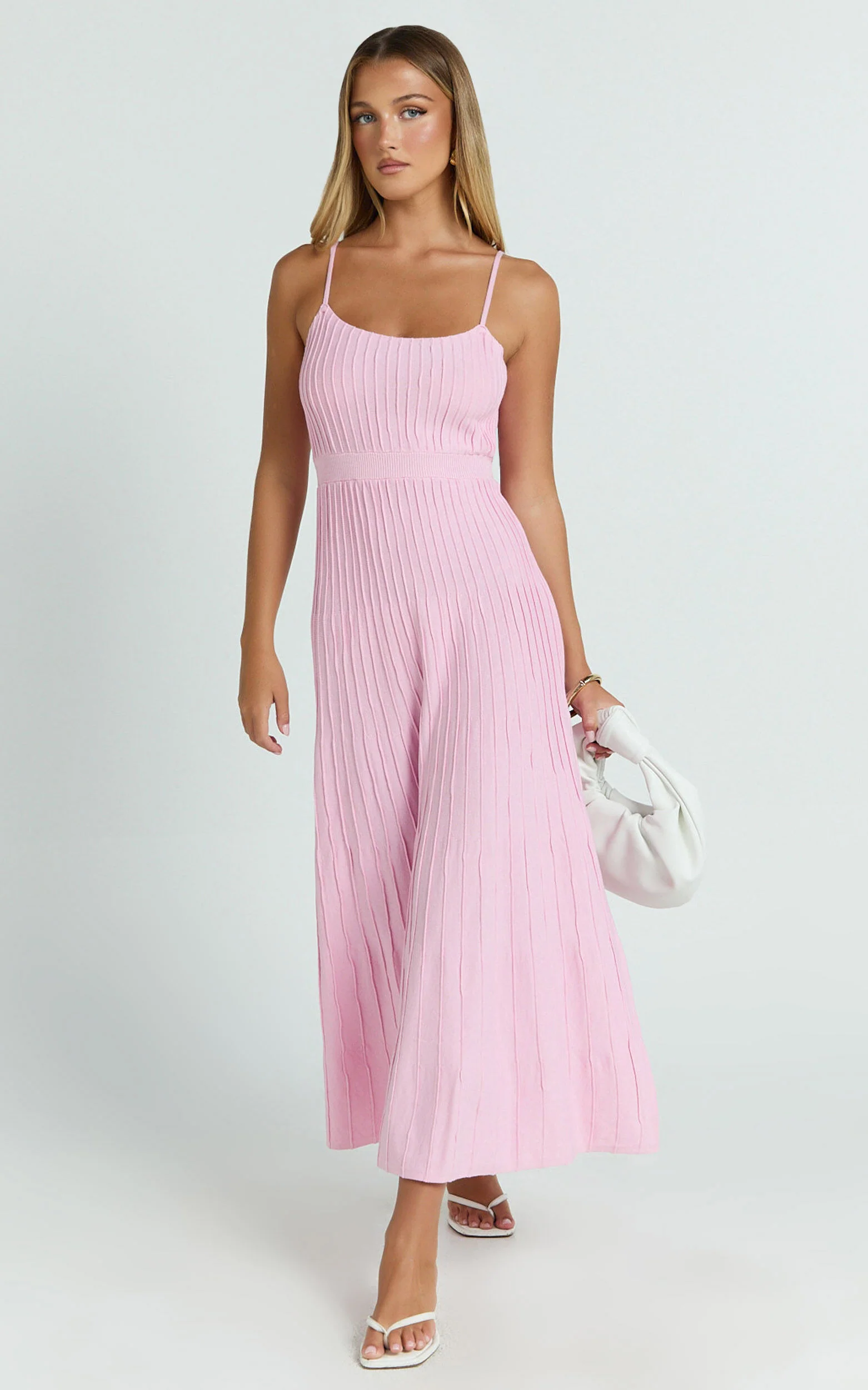 Donissa Midi Dress - Panelled Knit Dress in Pale Pink