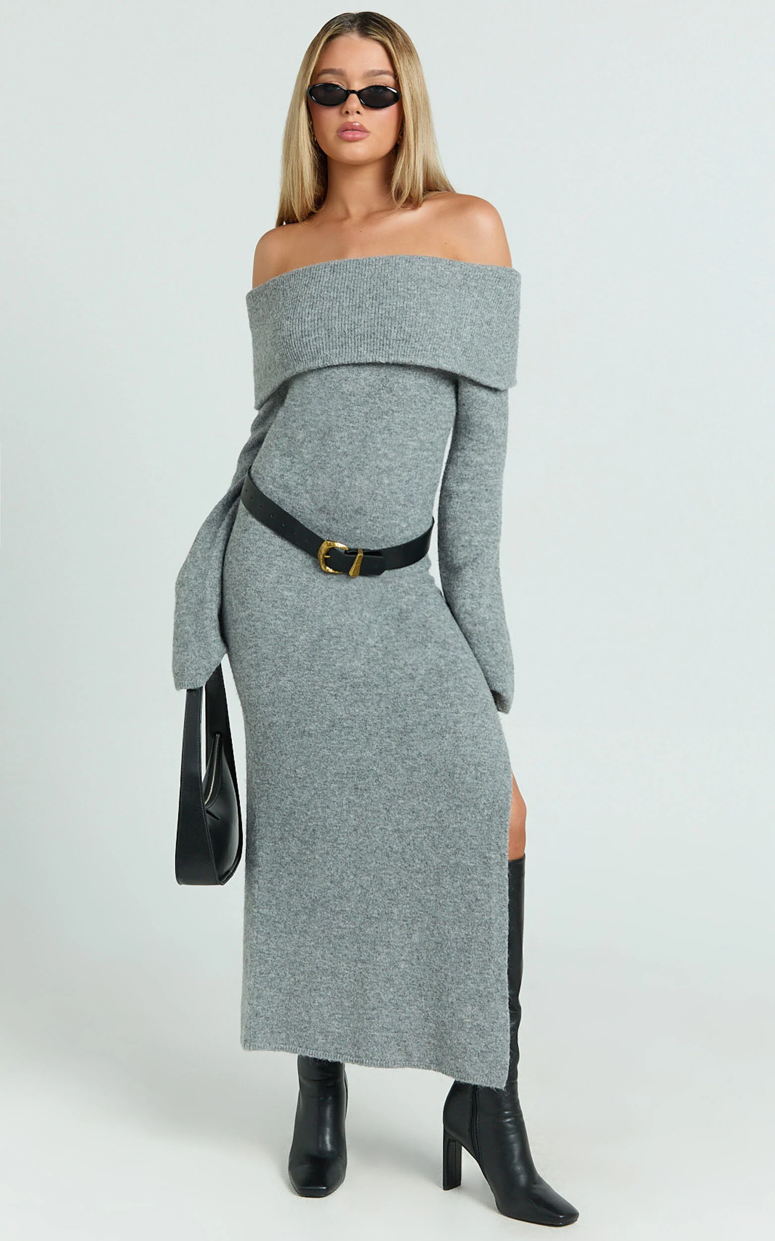 Darcie Midi Dress - Off Shoulder Knitted Long Sleeve Dress in Grey Marle