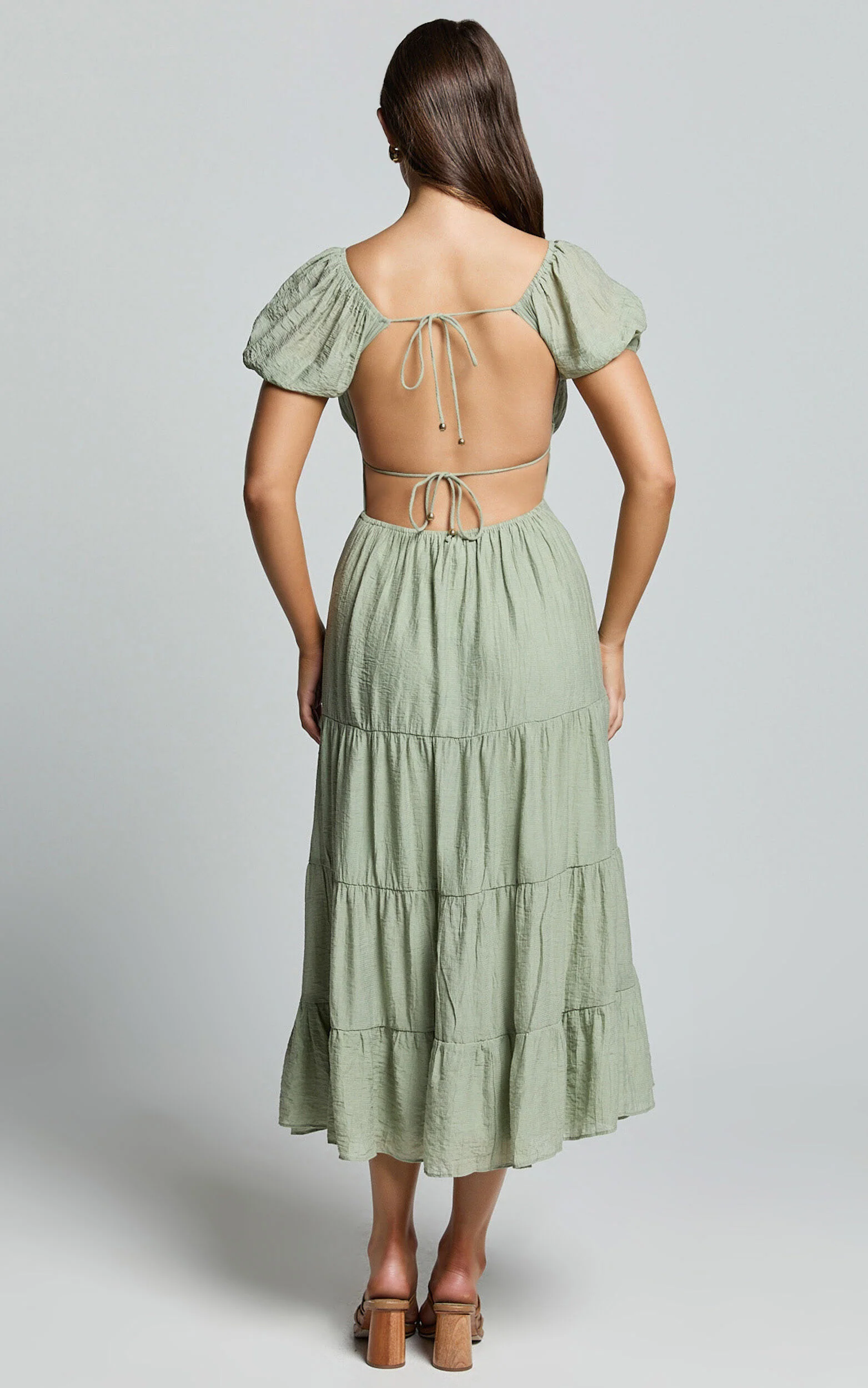 Anita Midi Dress - Puff Sleeve Tiered Dress in Sage
