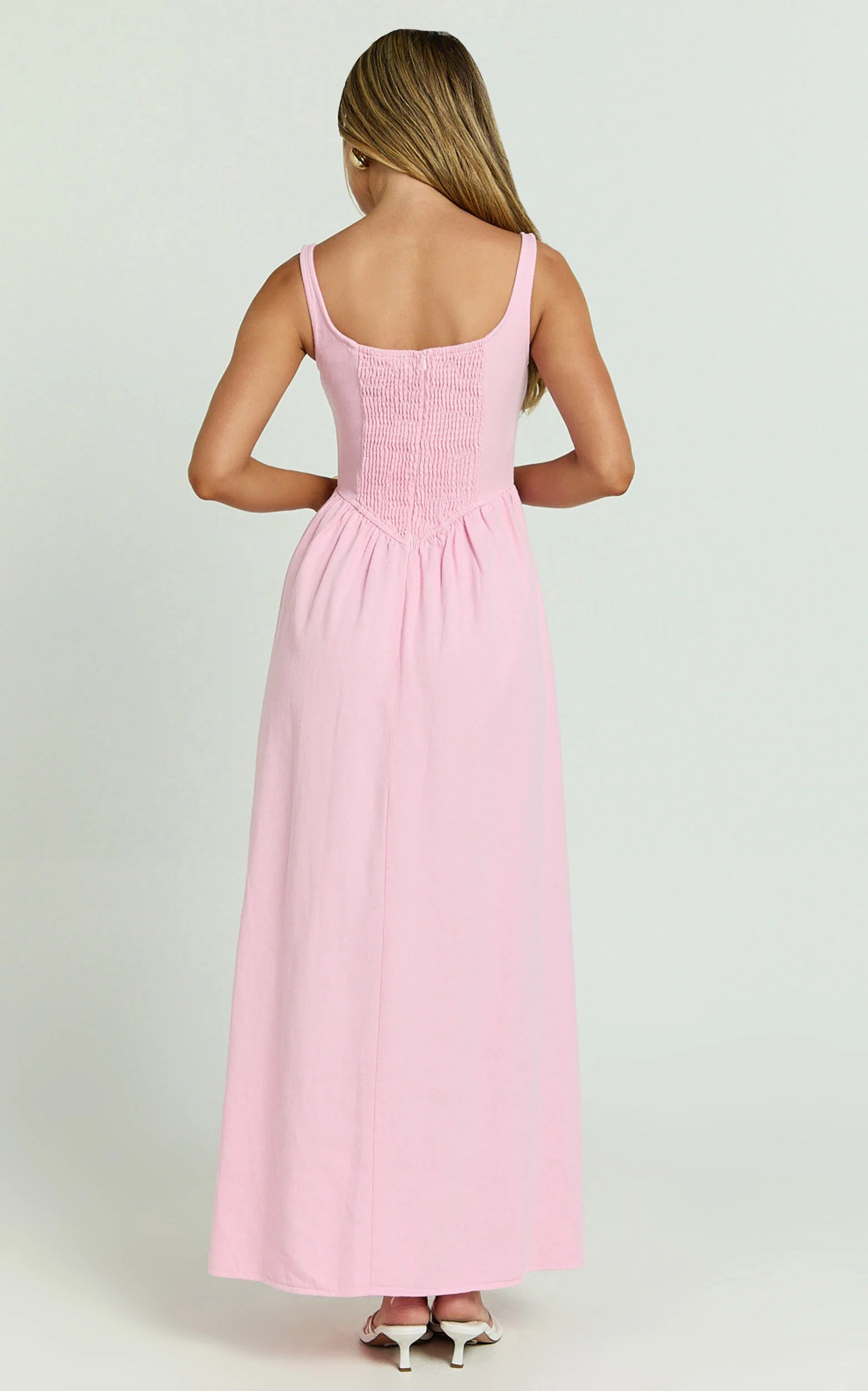 Rhaziya Midi Dress - Sleeveless Straight Neck Fit and Flare Dress in Pink