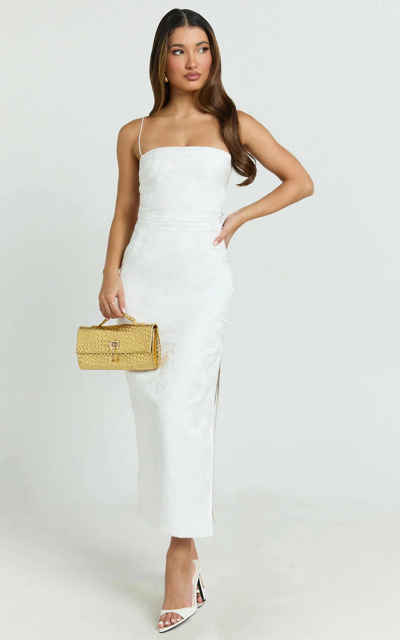 Indiana Midi Dress - Jacquard Square Neck Lace Back Fitted Dress in White