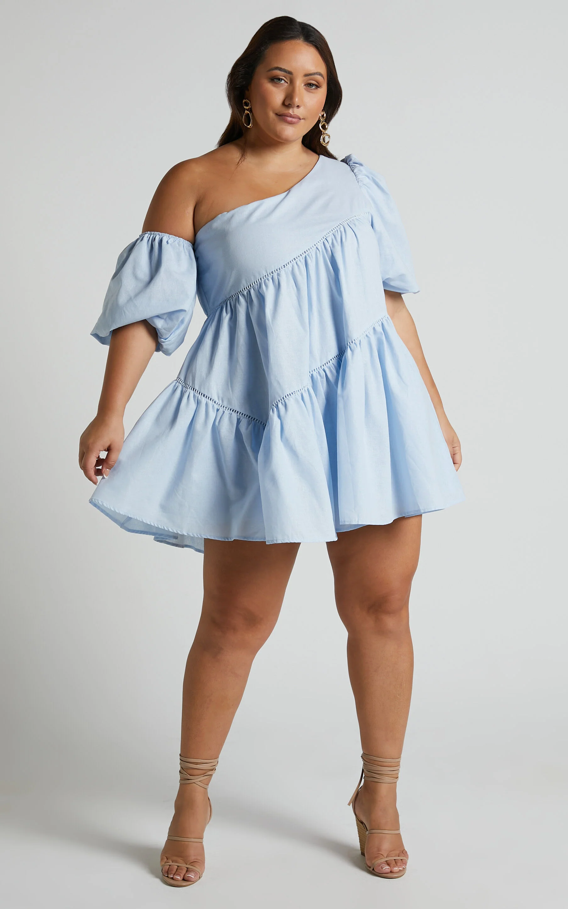Harleen Mini Dress - Linen Asymmetrical Trim Puff Sleeve Dress in Light Blue