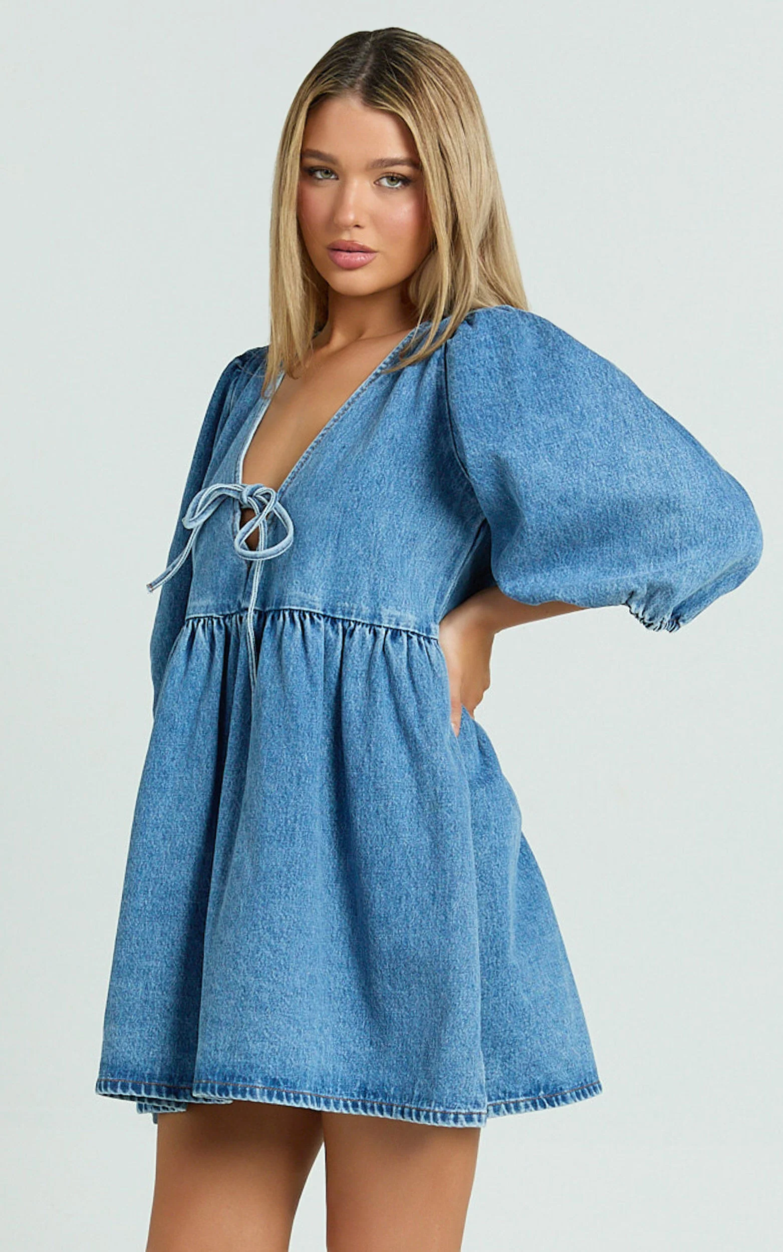 Shailene Mini Dress - Tie Front Puff Sleeve Recycled Denim Dress in Mid Blue Wash