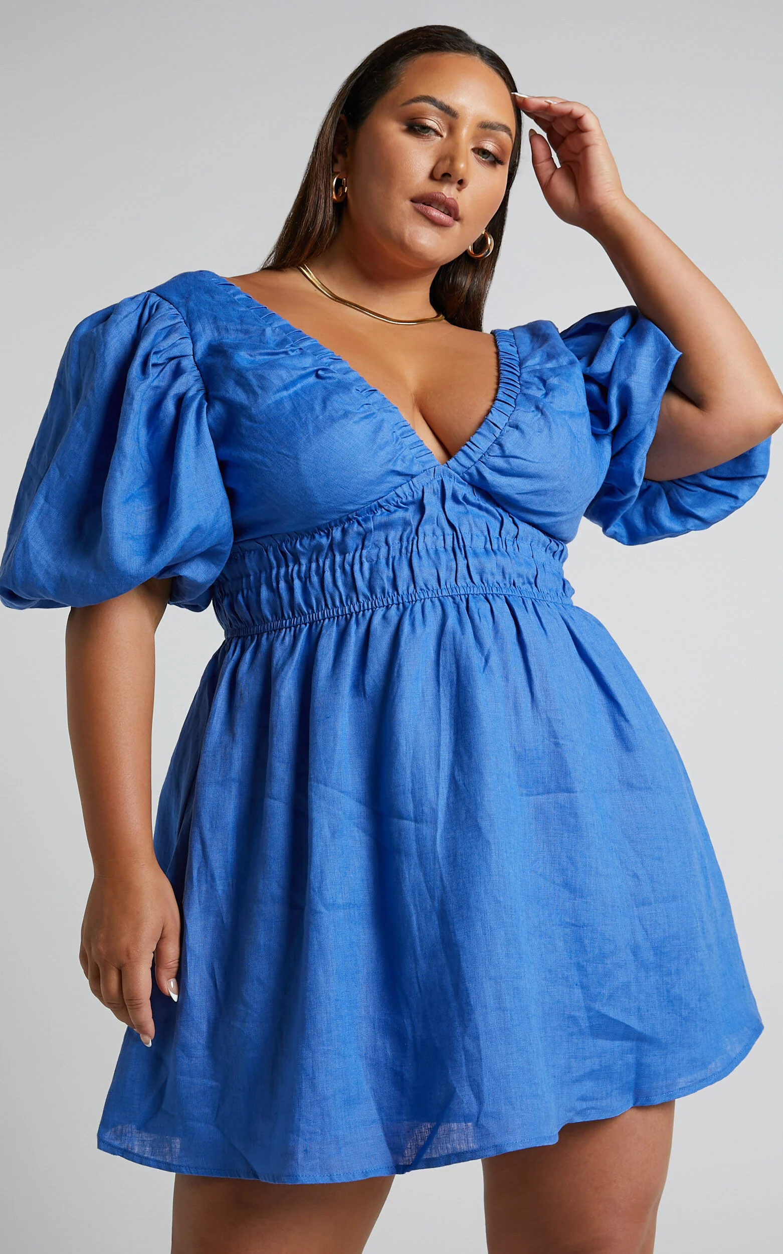 Amalie The Label - Khaila Linen Plunge Puff Sleeve Mini Linen Dress in Blue