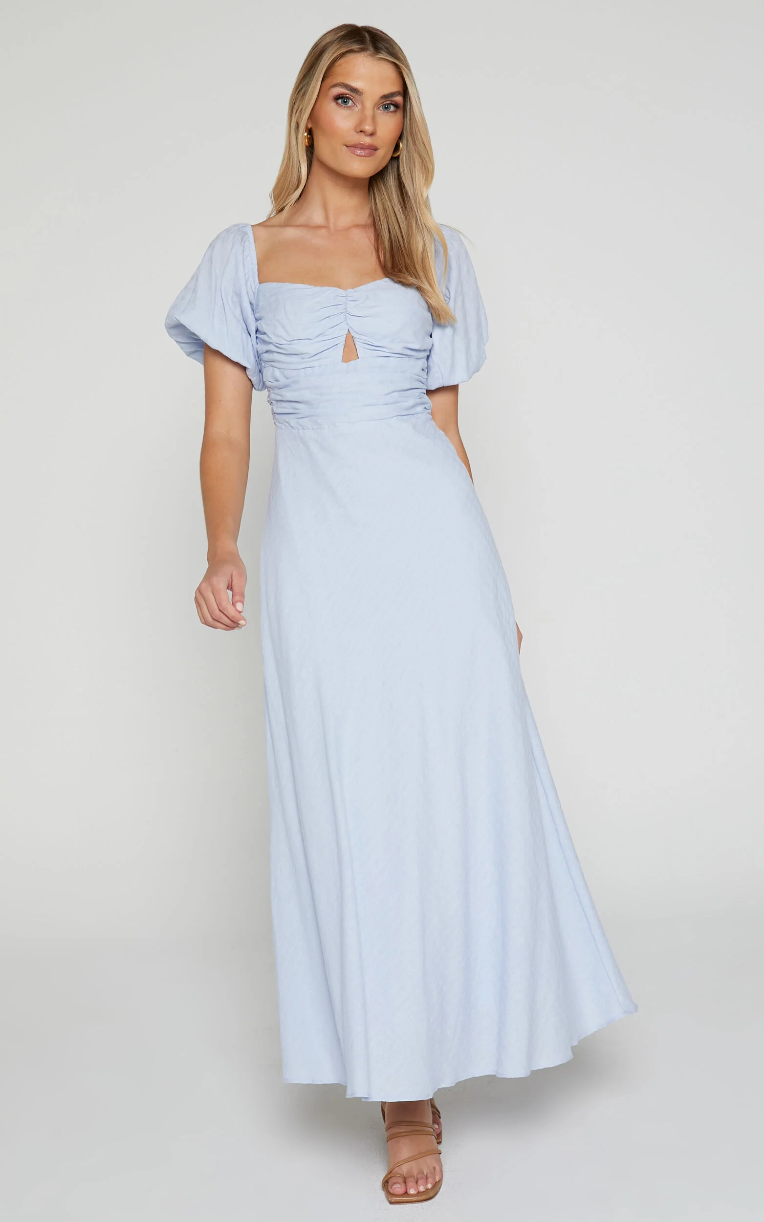 Vynna Midi Dress - Scoop Neck Puff Sleeve Ruched Bust A Line Dress in Blue