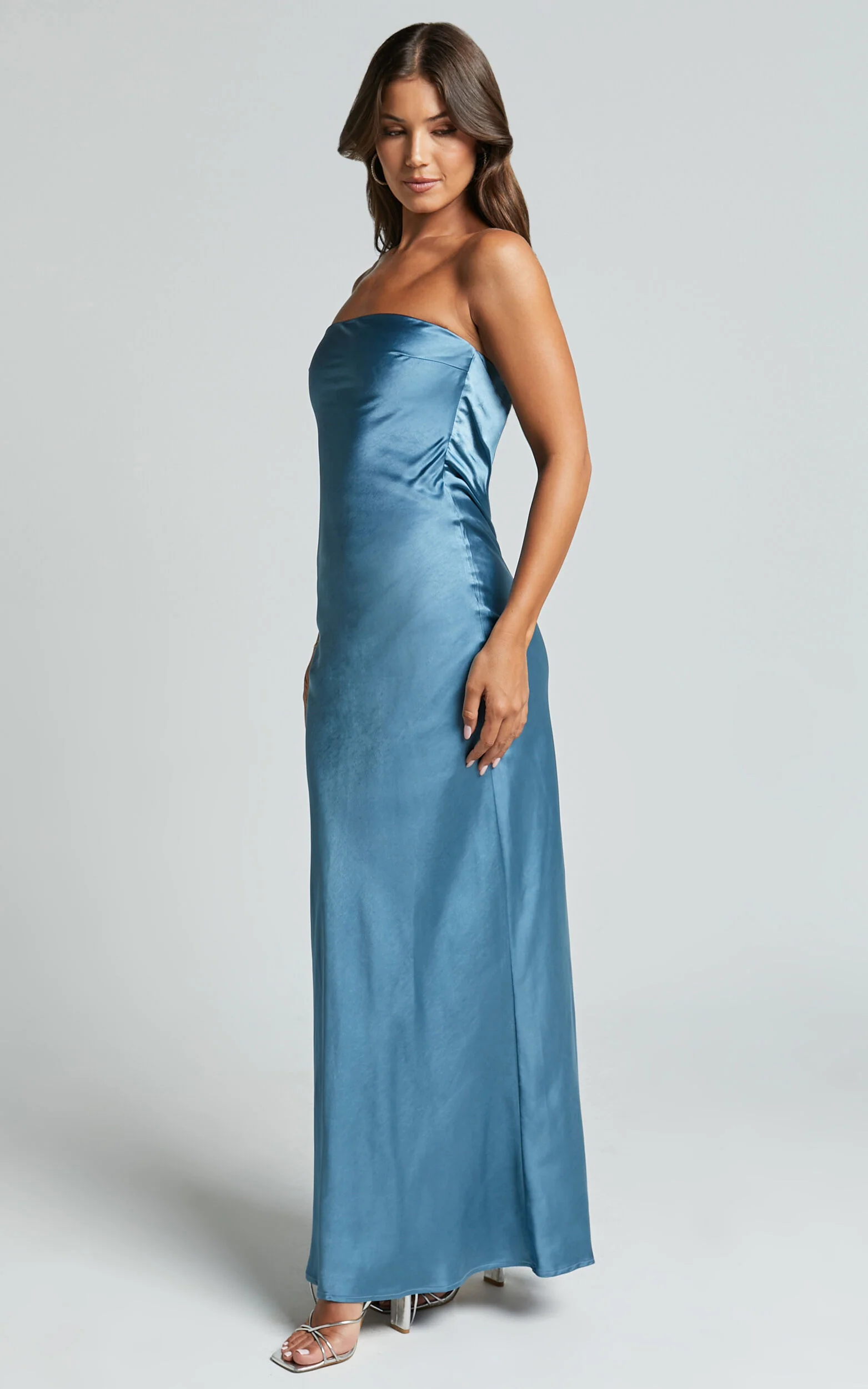 Charlita Maxi Dress - Strapless Cowl Back Satin Dress in Steel Blue