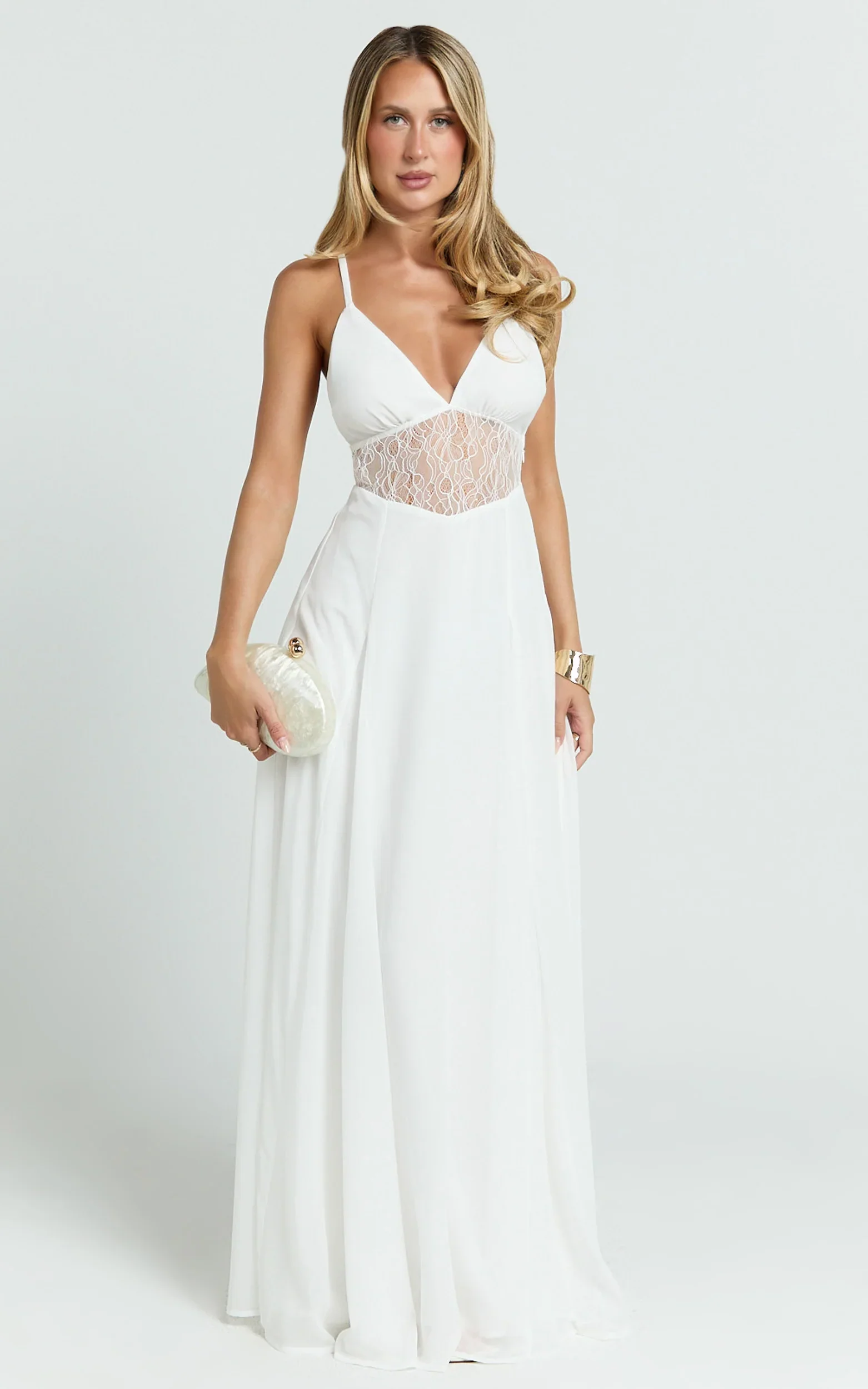 Ysolde Maxi Dress - V Neck Low Back Fit And Flare Dress in White