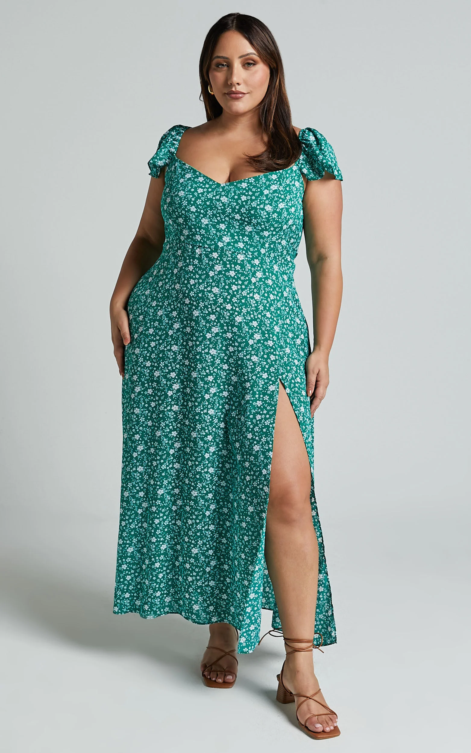 Donissa Midi Dress - Thigh Split Flutter Sleeve Dress in Green