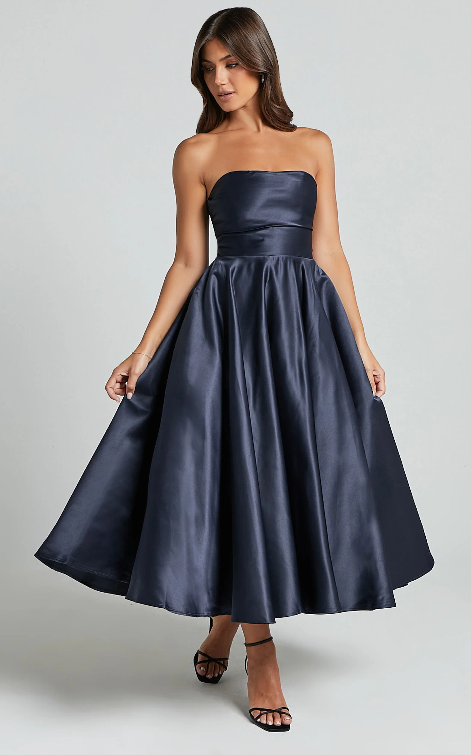 Helaina Midi Dress - Strapless A-Line Satin Dress in Navy