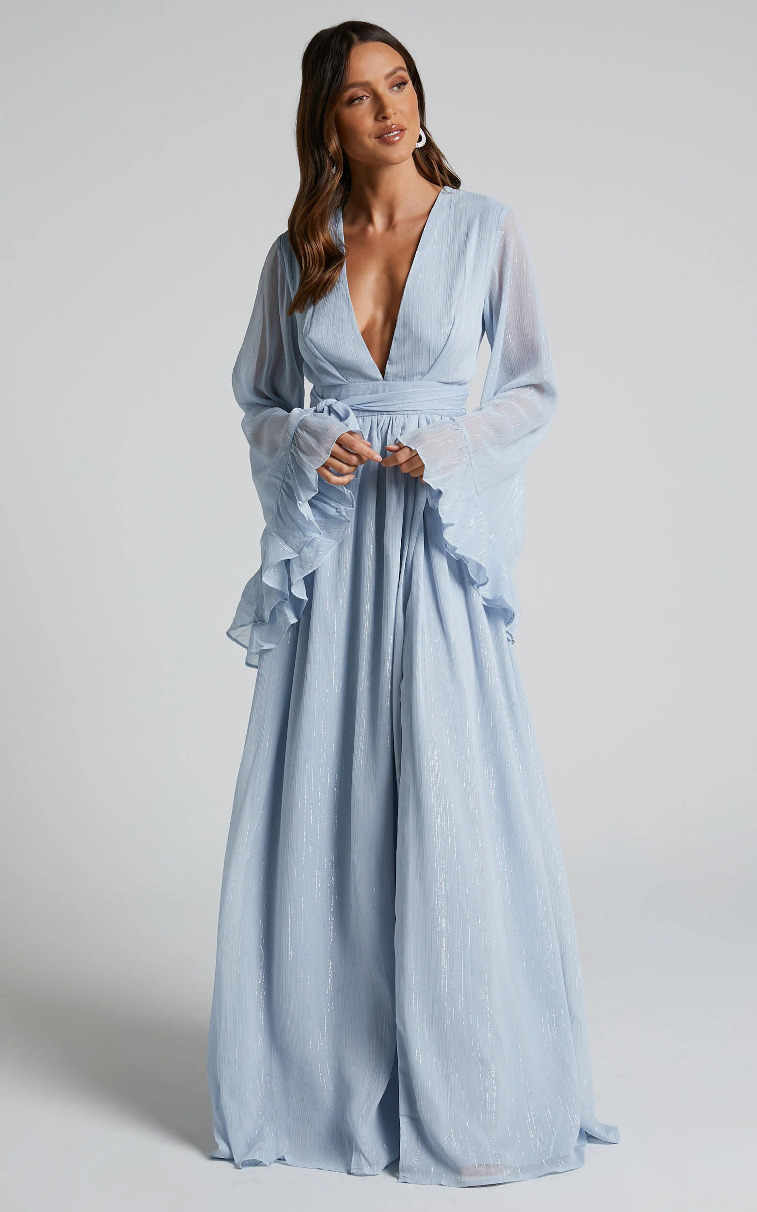 Dangerous Woman Maxi Dress - Plunge Thigh Split Dress in Light Blue