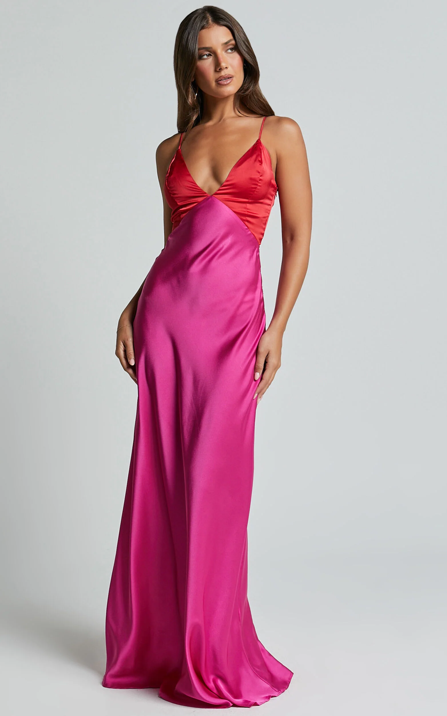 Quincy Maxi Dress - Satin Slip Dress in Pink/Red