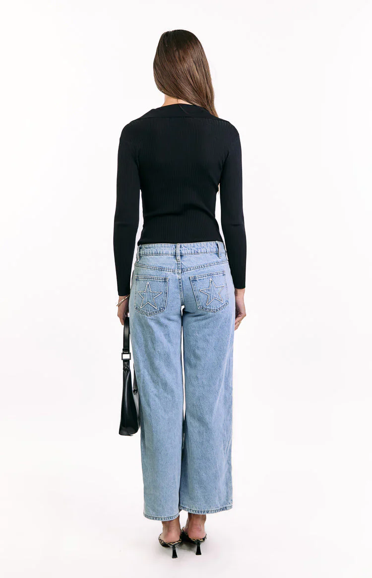 Nina Black Ribbed Knit Long Sleeve Sweater