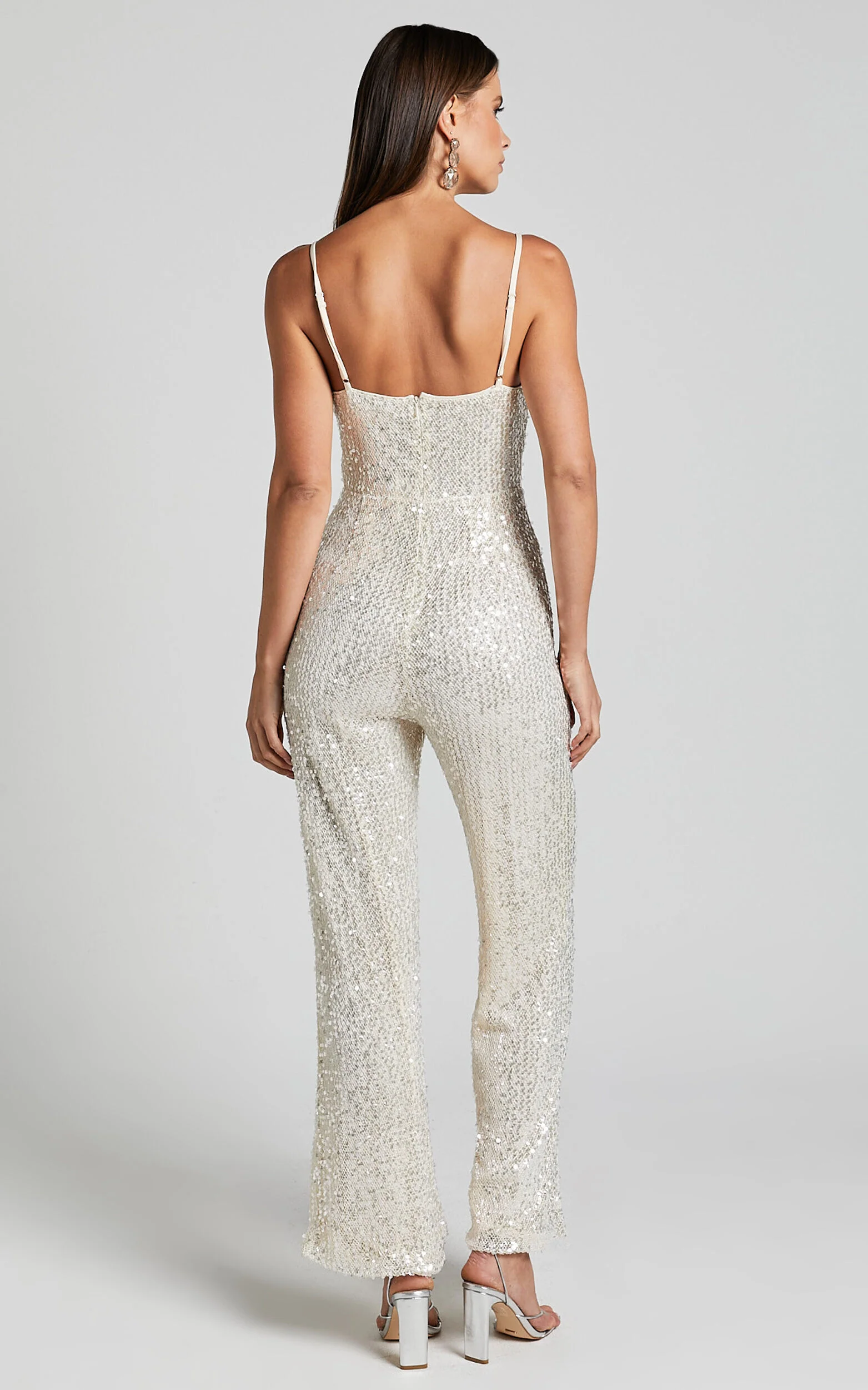Carlie Jumpsuit - Straight Neck Strappy Sequin in Champagne