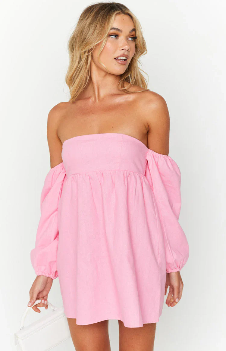 Koa Pink Off Shoulder Linen Mini Dress