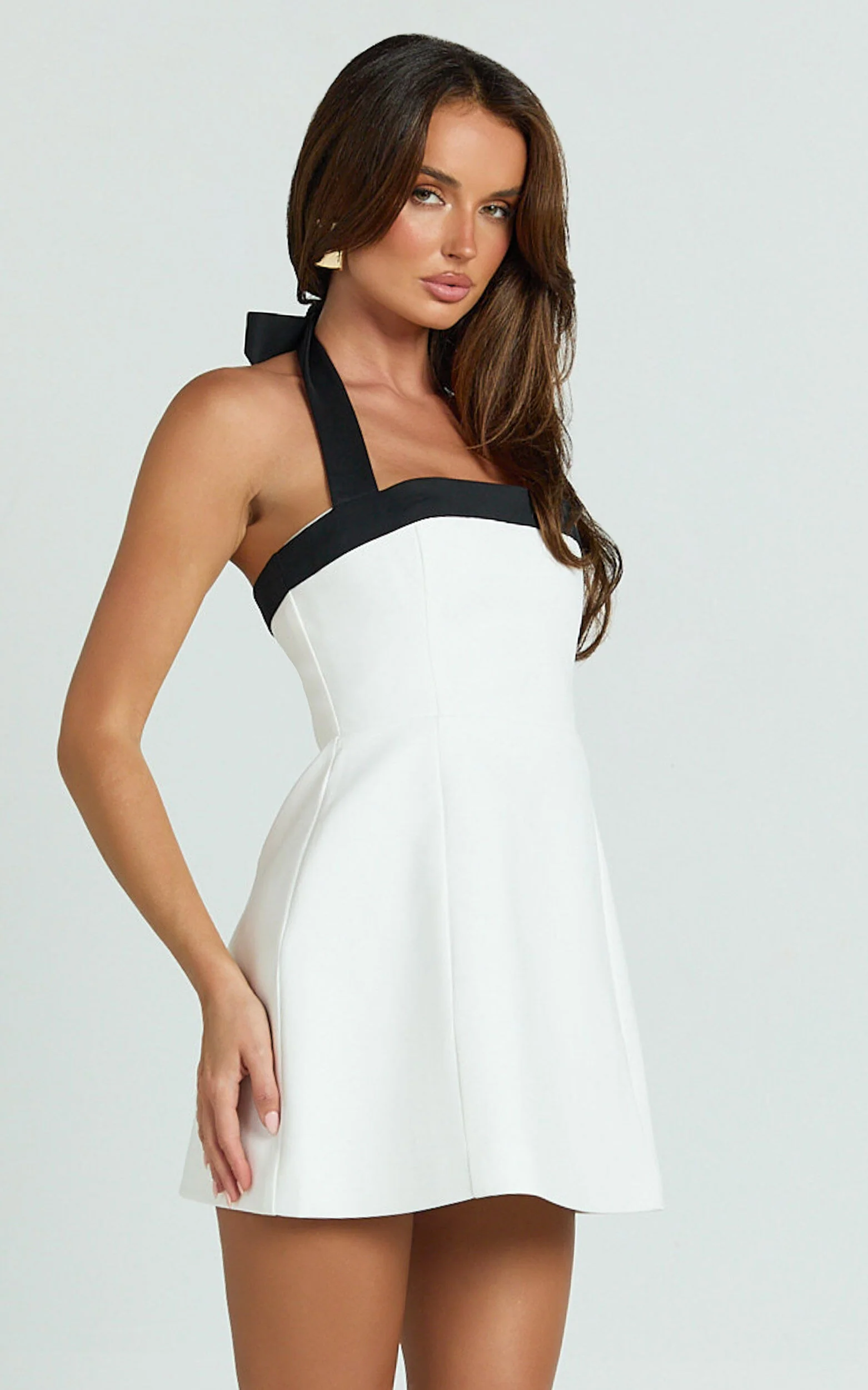 Broome Mini Dress - Contrast Halter Tie Tulip Skirt Dress in White/Black