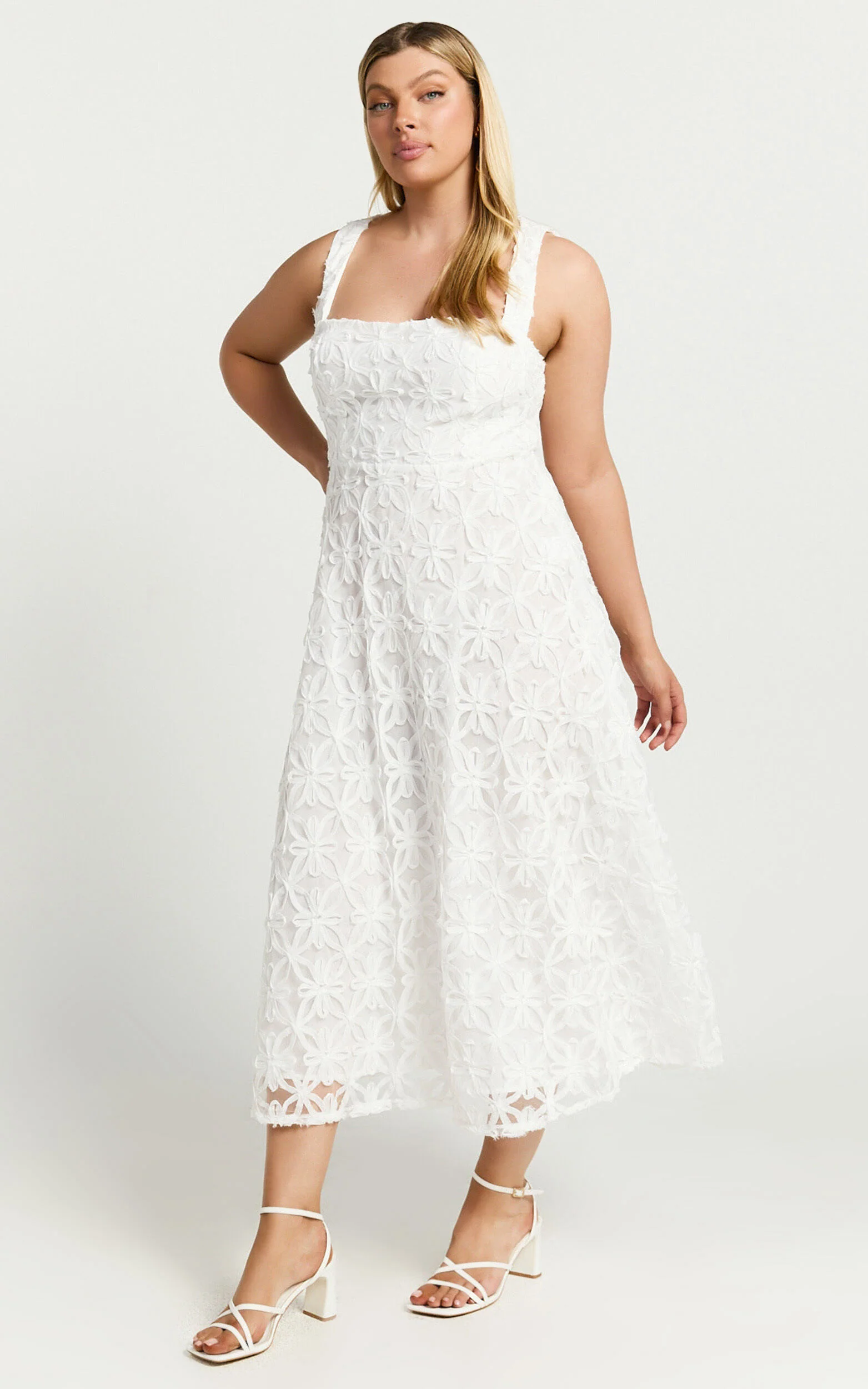 Clarissa Midi Dress - Square Neck Open Back A Line Dress in White