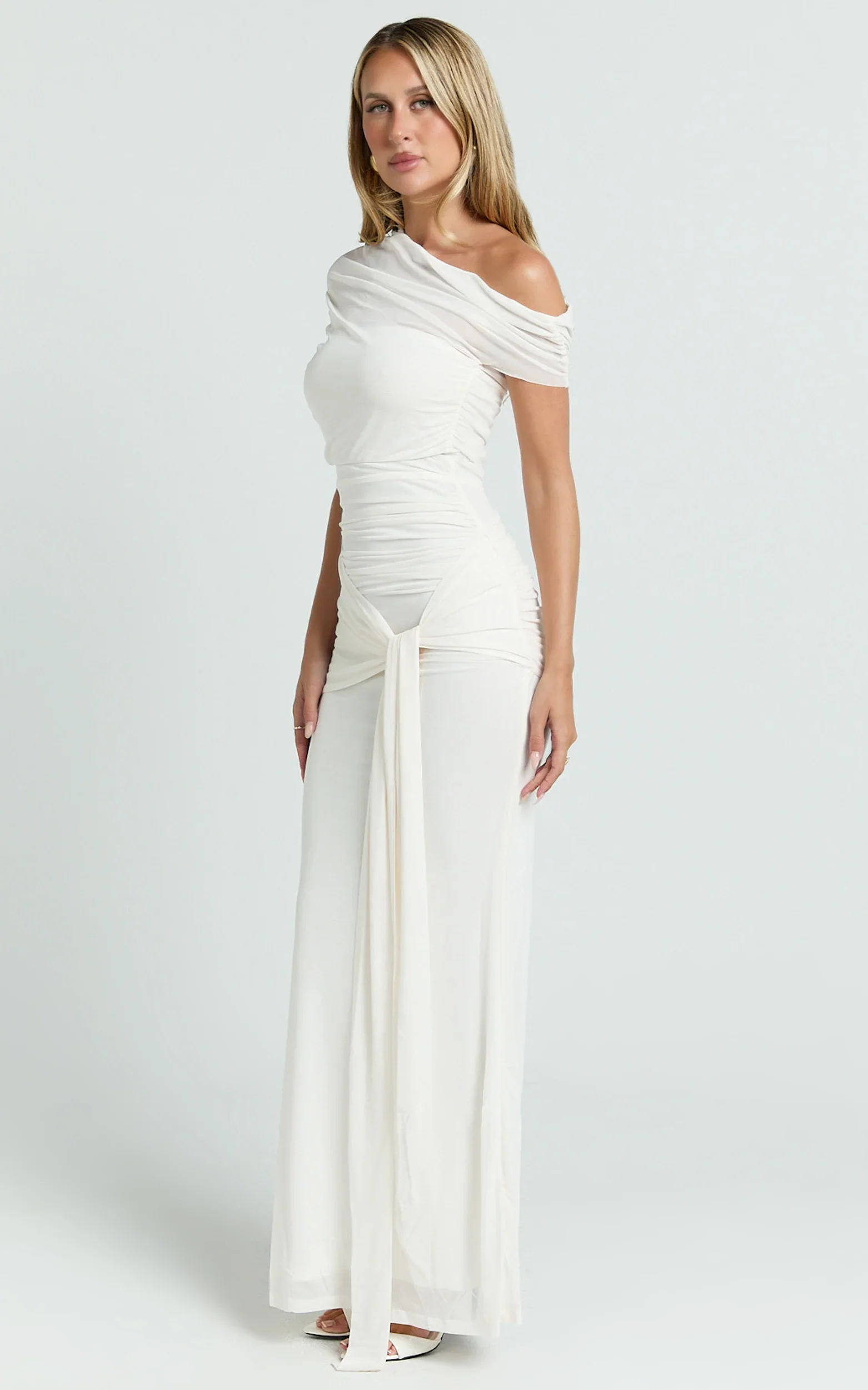 Nicolette Maxi Dress - Cape Sleeve Off Shoulder Dress in Cream