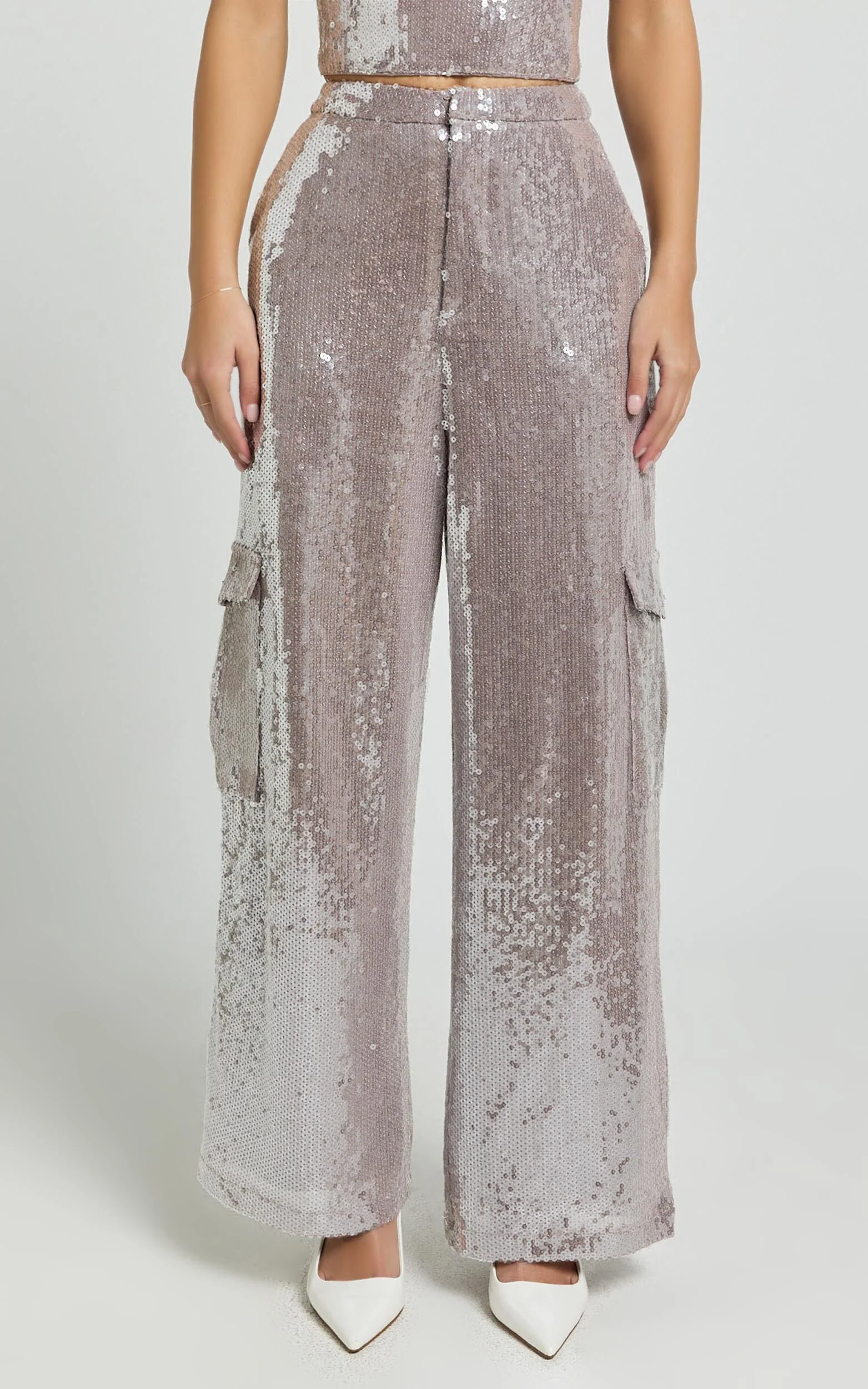 Tricia Pants - Mid Waist Cargo Pocket Sequin Pants in Grey