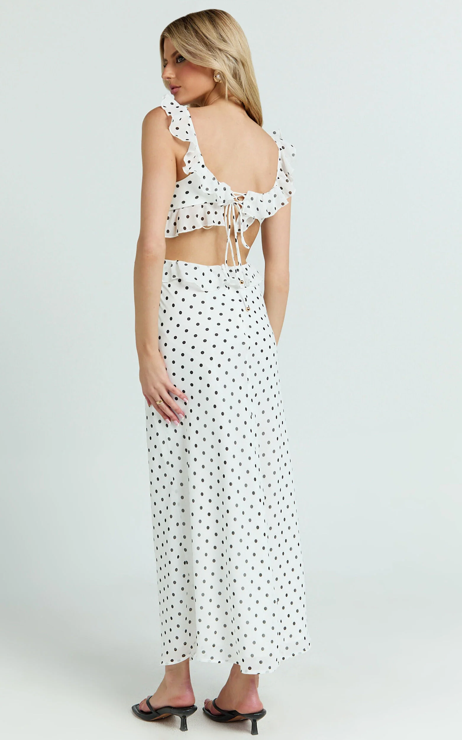 Dahlia Midi Dress - Ruffle Details Slip Dress in White Based Polkadot
