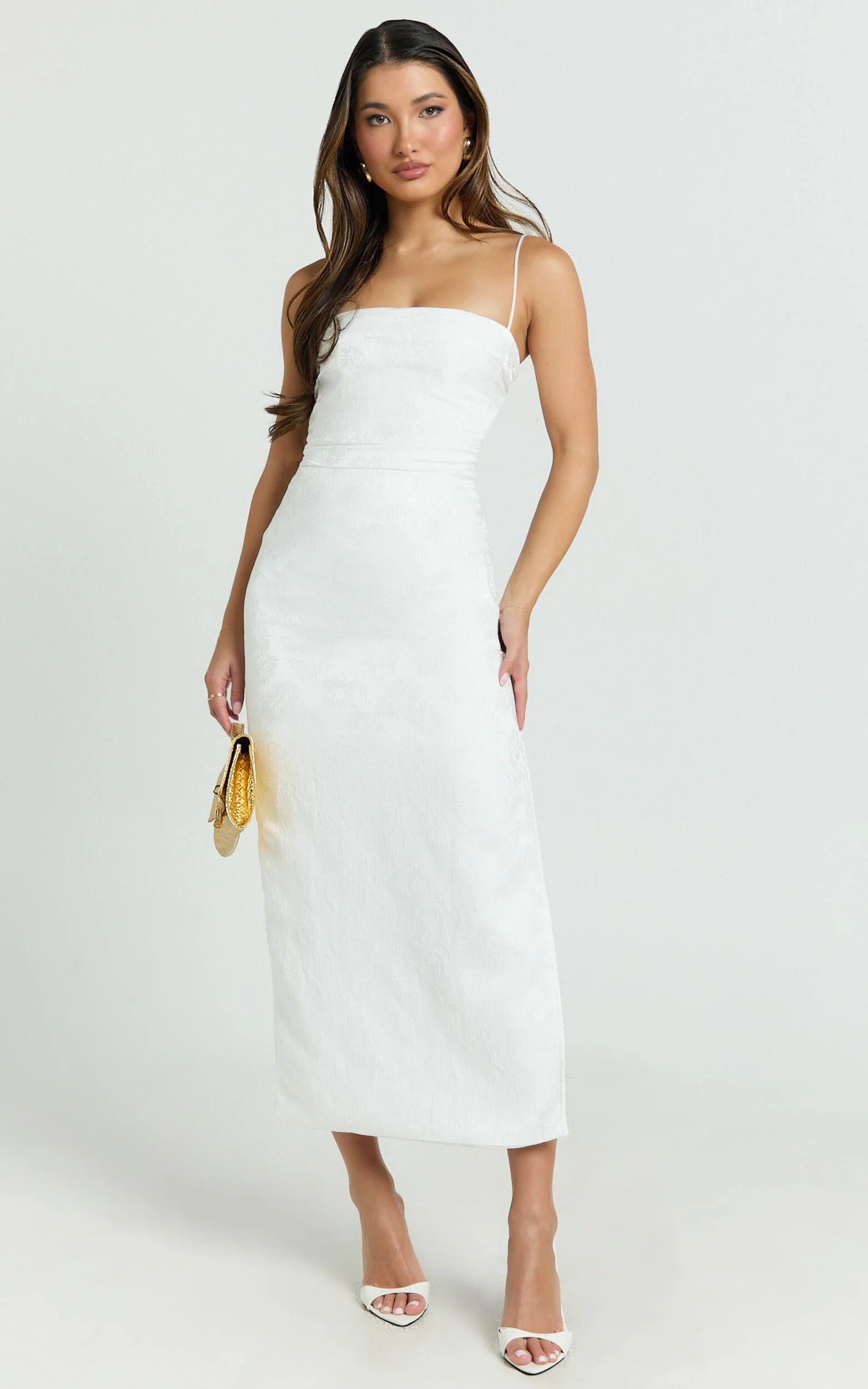 Indiana Midi Dress - Jacquard Square Neck Lace Back Fitted Dress in White