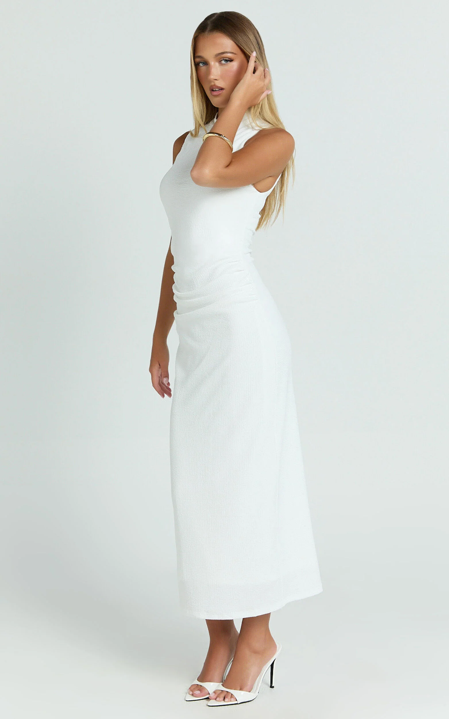 Pamela Midi Dress - High Neck Leg Split Dress in White