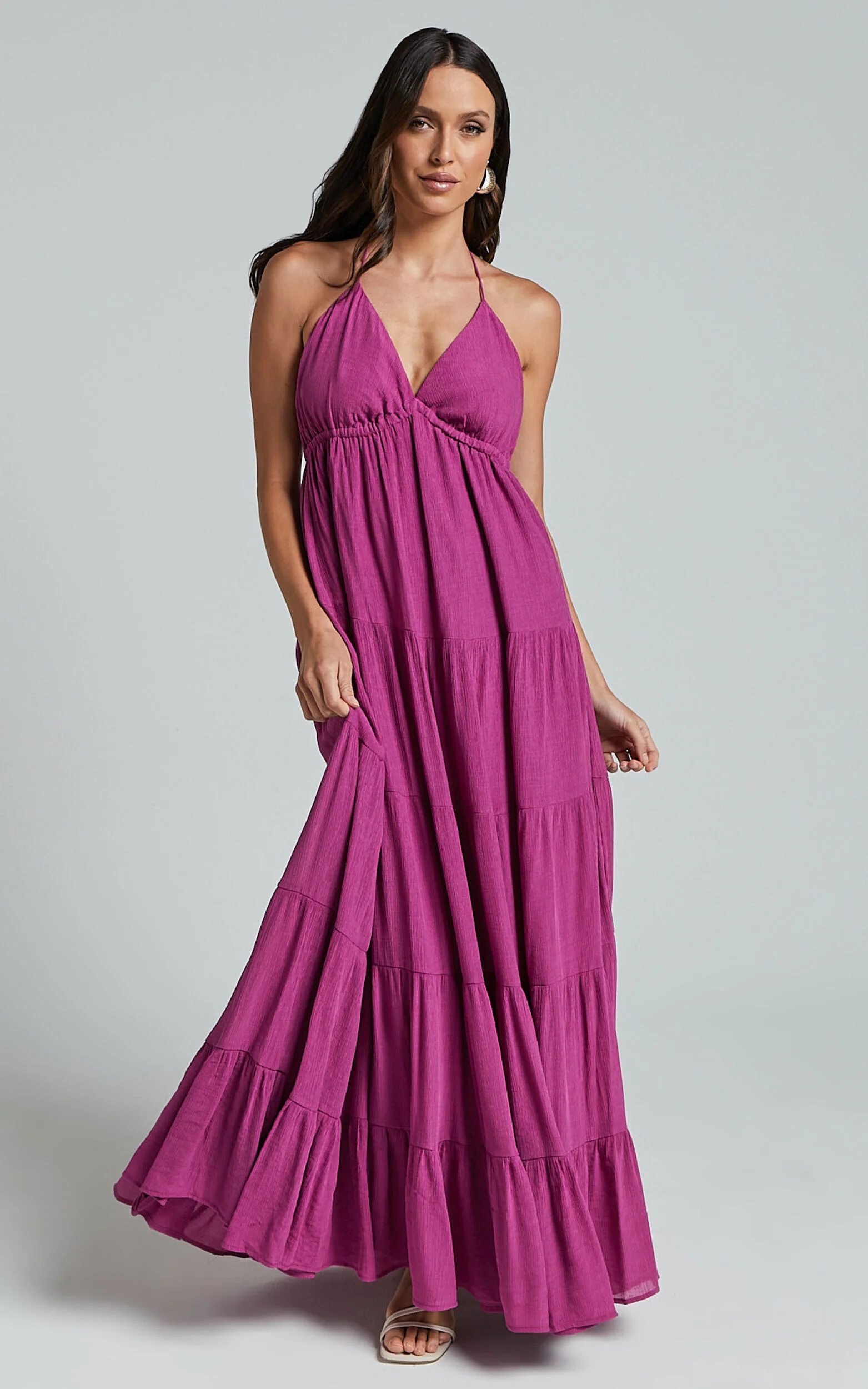 Claudia Maxi Dress - Halter Neck Low Back Empire Waist Tiered Dress in Magenta