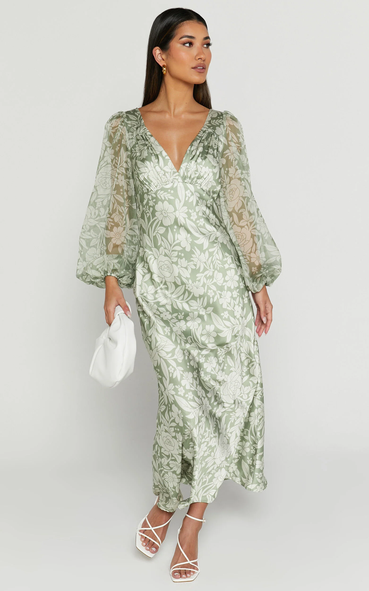 Freollyn Midi Dress - Deep V Neck Long Sleeve Dress in Sage