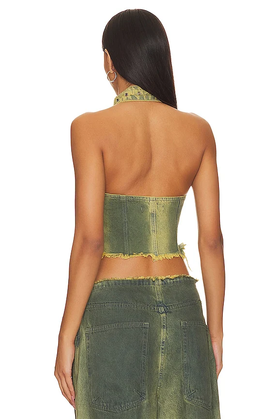 Green Denim Buckle Neck Top