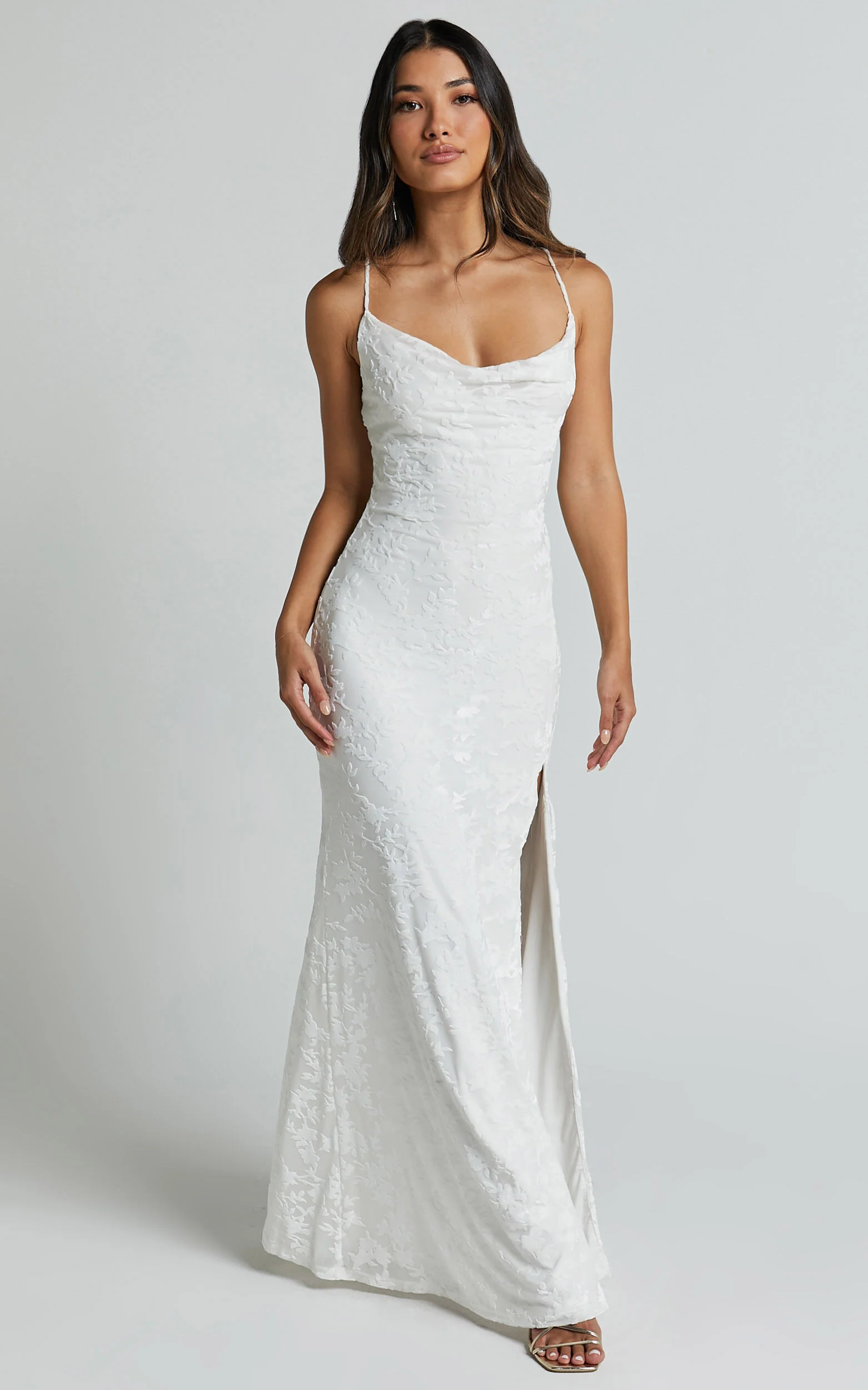 Reese Maxi Dress - Cowl Cross Back Burnout Dress in White