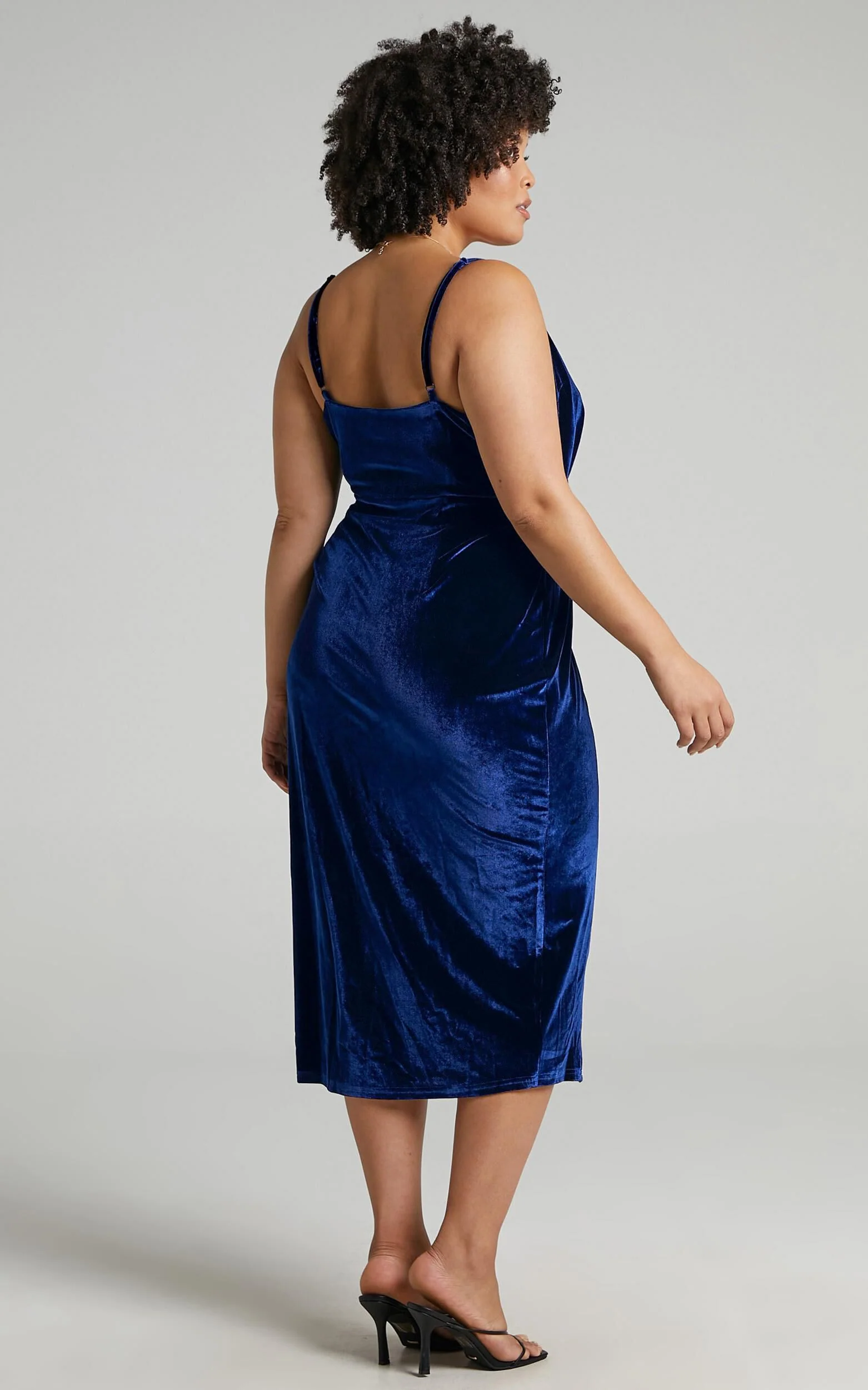 Loving Blind Midi Dress - Draped Thigh Split Dress in navy velvet