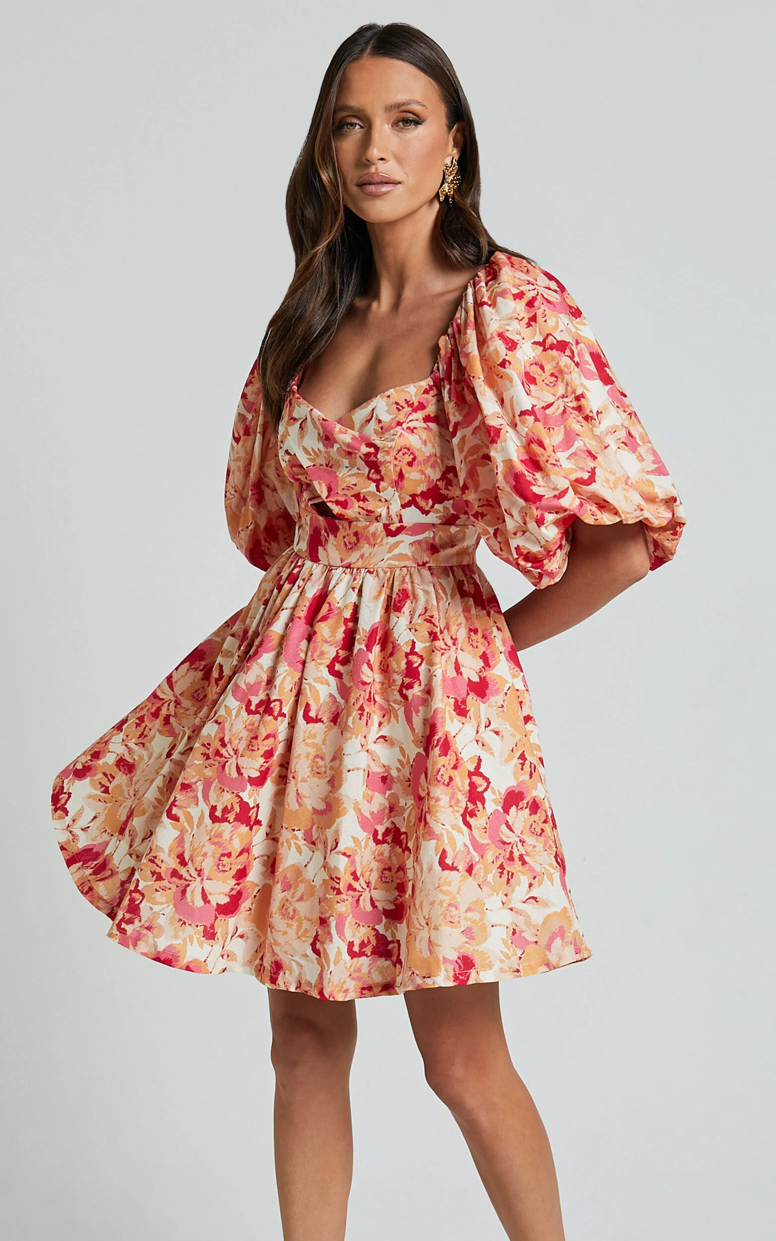 Amalie The Label - Penelopia Linen Look Blend Puff Sleeve Twist Bodice Mini Dress in Sienna Print