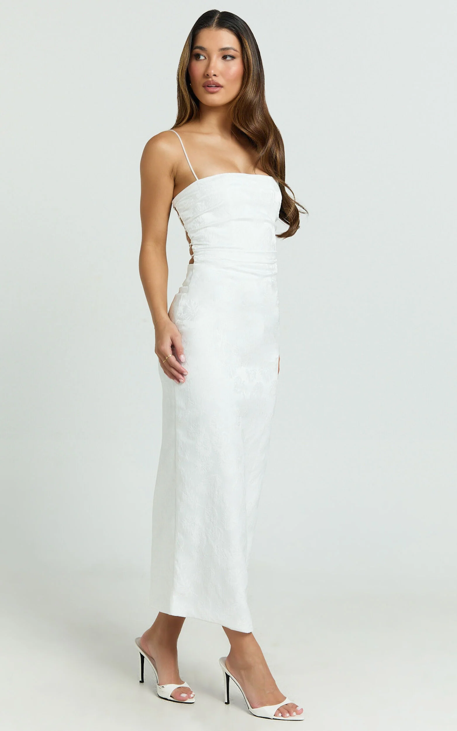 Indiana Midi Dress - Jacquard Square Neck Lace Back Fitted Dress in White