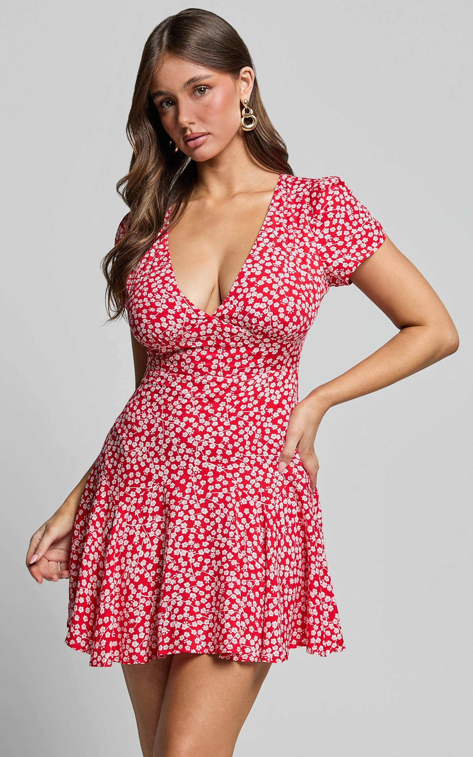 Bettina Mini Dress - Short Sleeve Dress in Red Floral