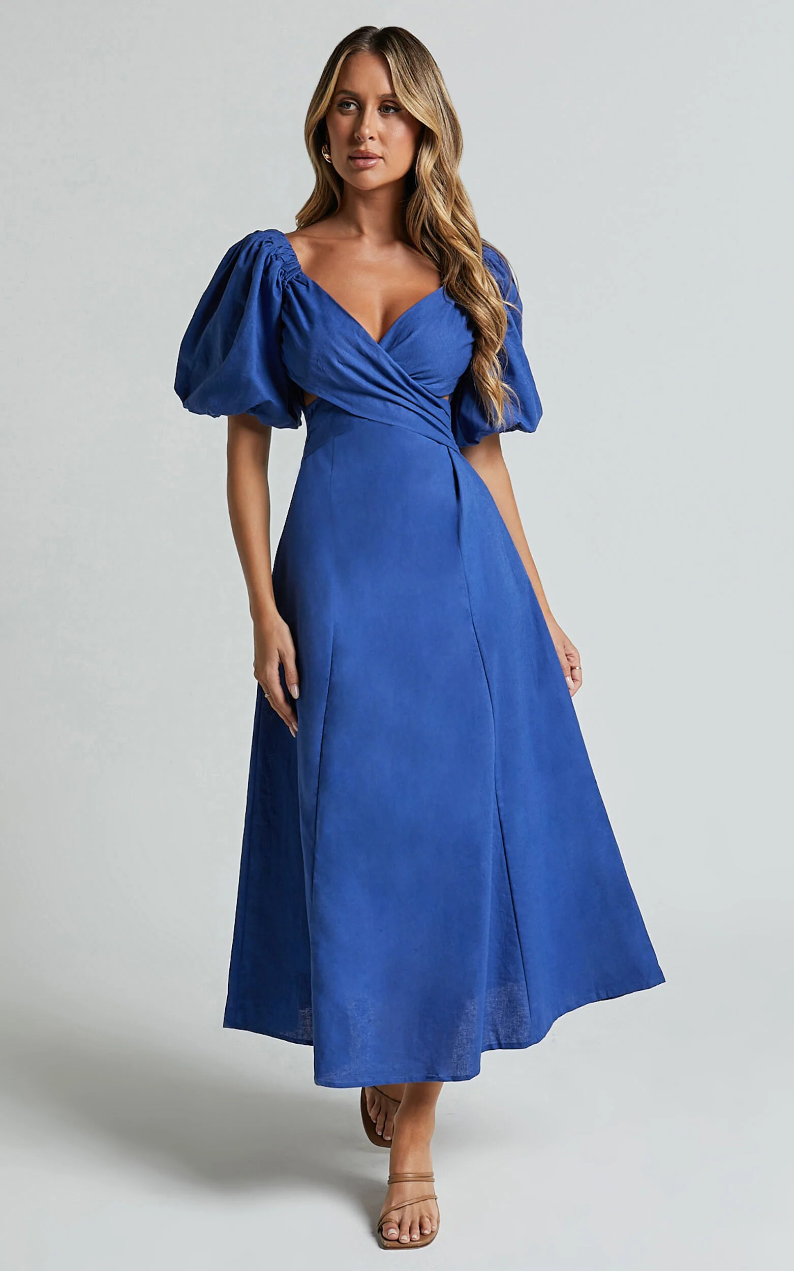 Amalie The Label - Janae Linen Blend Puff Sleeve Cut Out Midi Dress in Blue