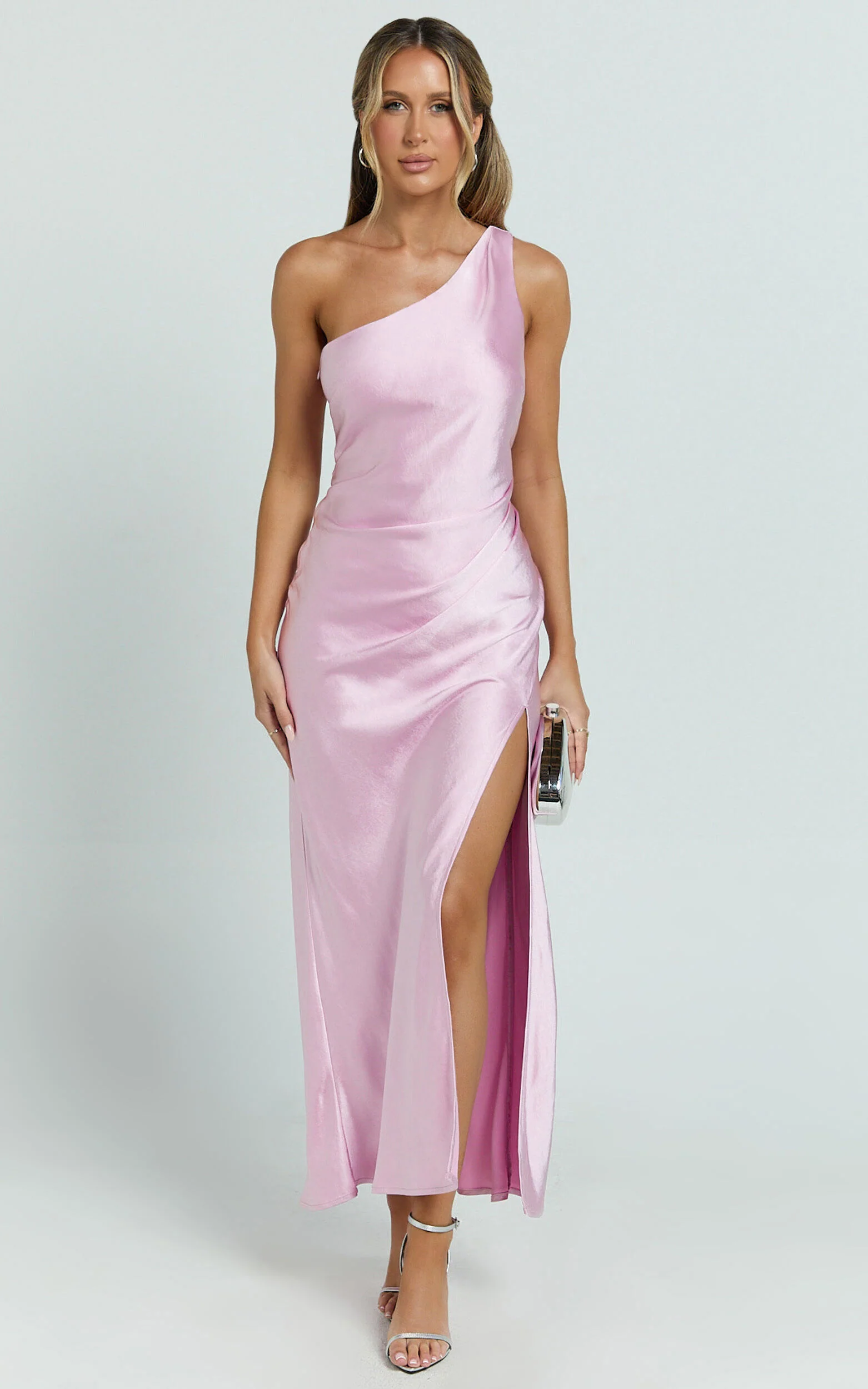 Isla Maxi Dress - Satin One Shoulder Side Split Dress in Pink