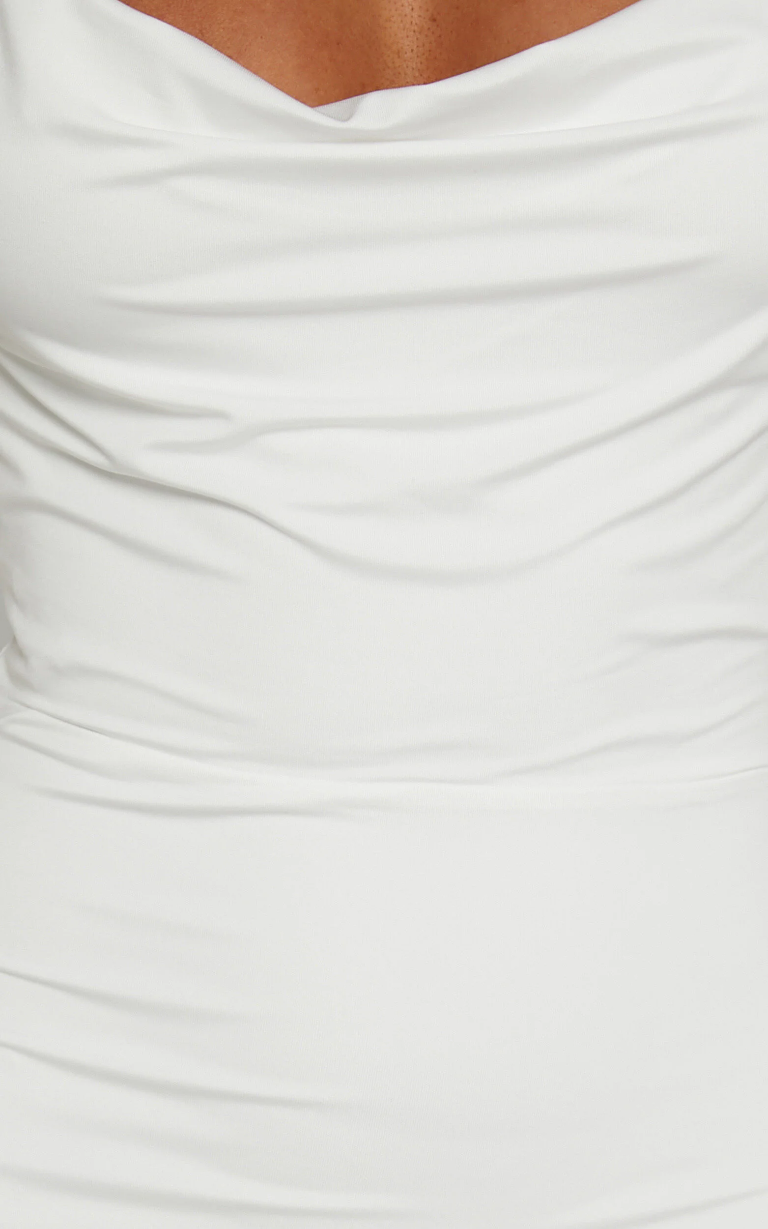 Tasteful Midi Dress - Cowl Neck Bodycon Thigh Split Dress in White