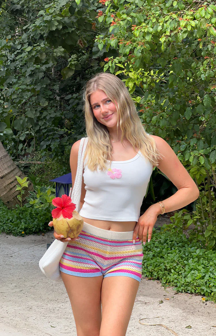 Carlie White Beaded Hibiscus Ribbed Tank Top