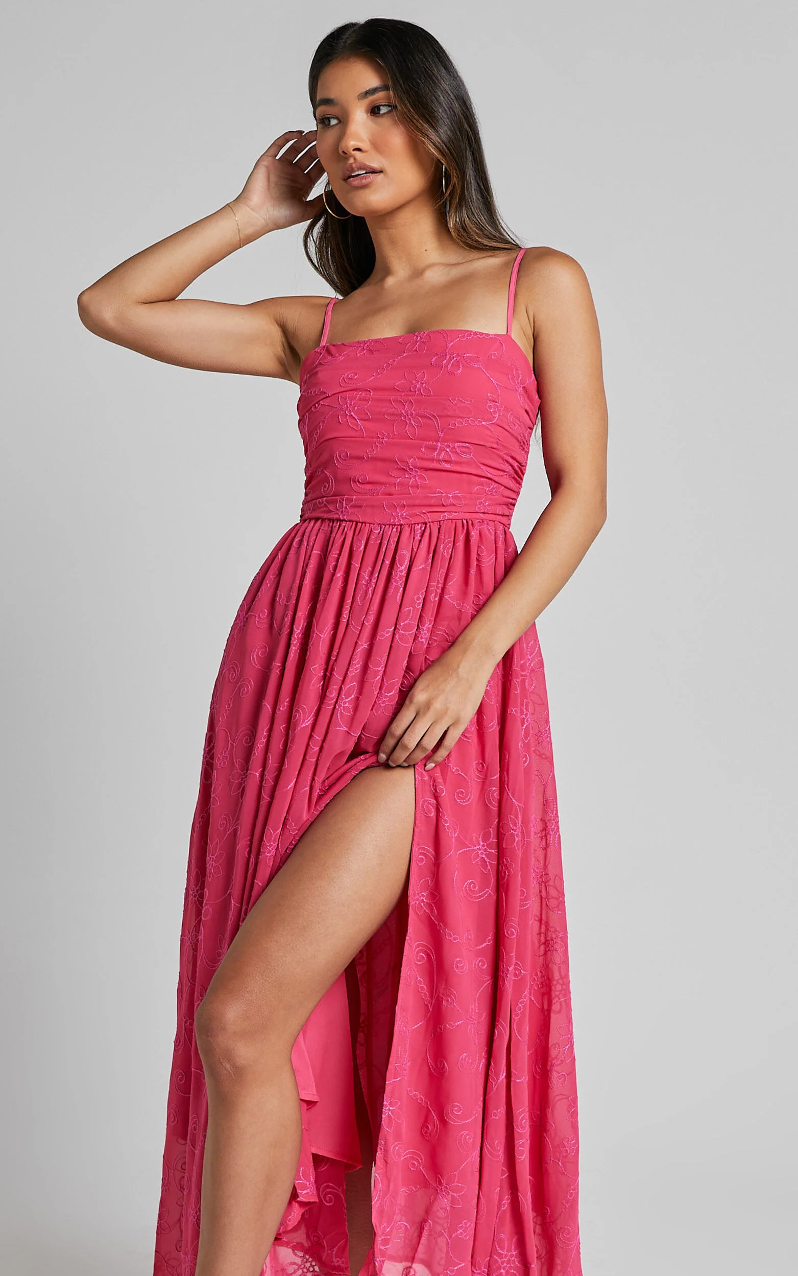 Adina Midi Dress - Embroidered Strappy Straight Neck Ruched Bodice Dress in Pink