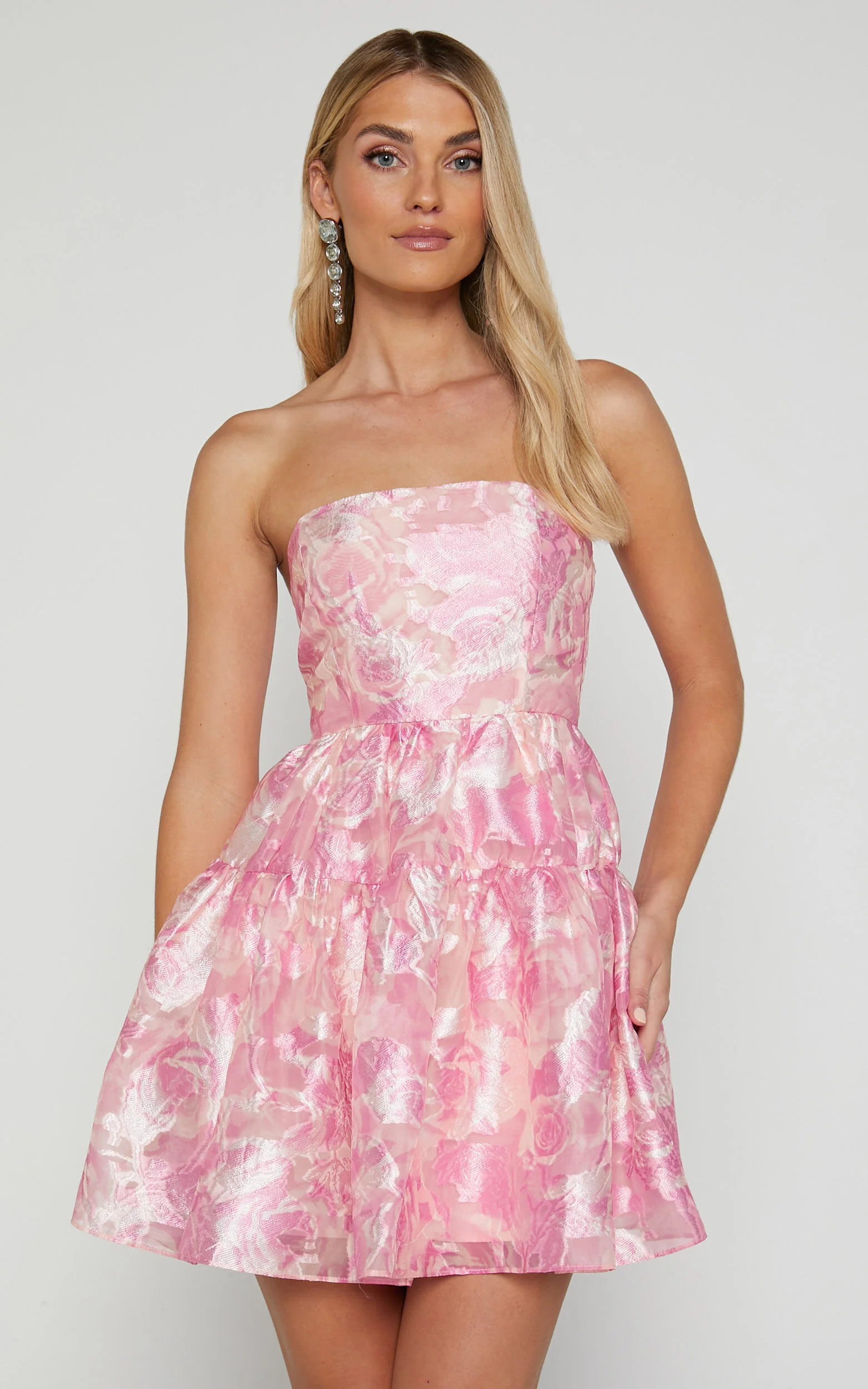 Lettie Mini Dress - Strapless Tiered Hem Dress in Pink