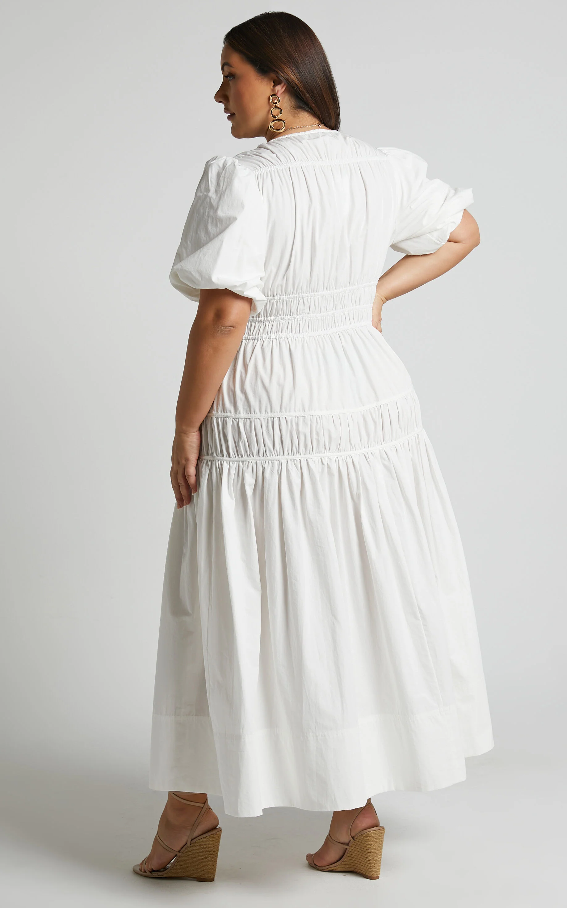 Mellie Midi Dress - Puff Sleeve Plunge Tiered Dress in White