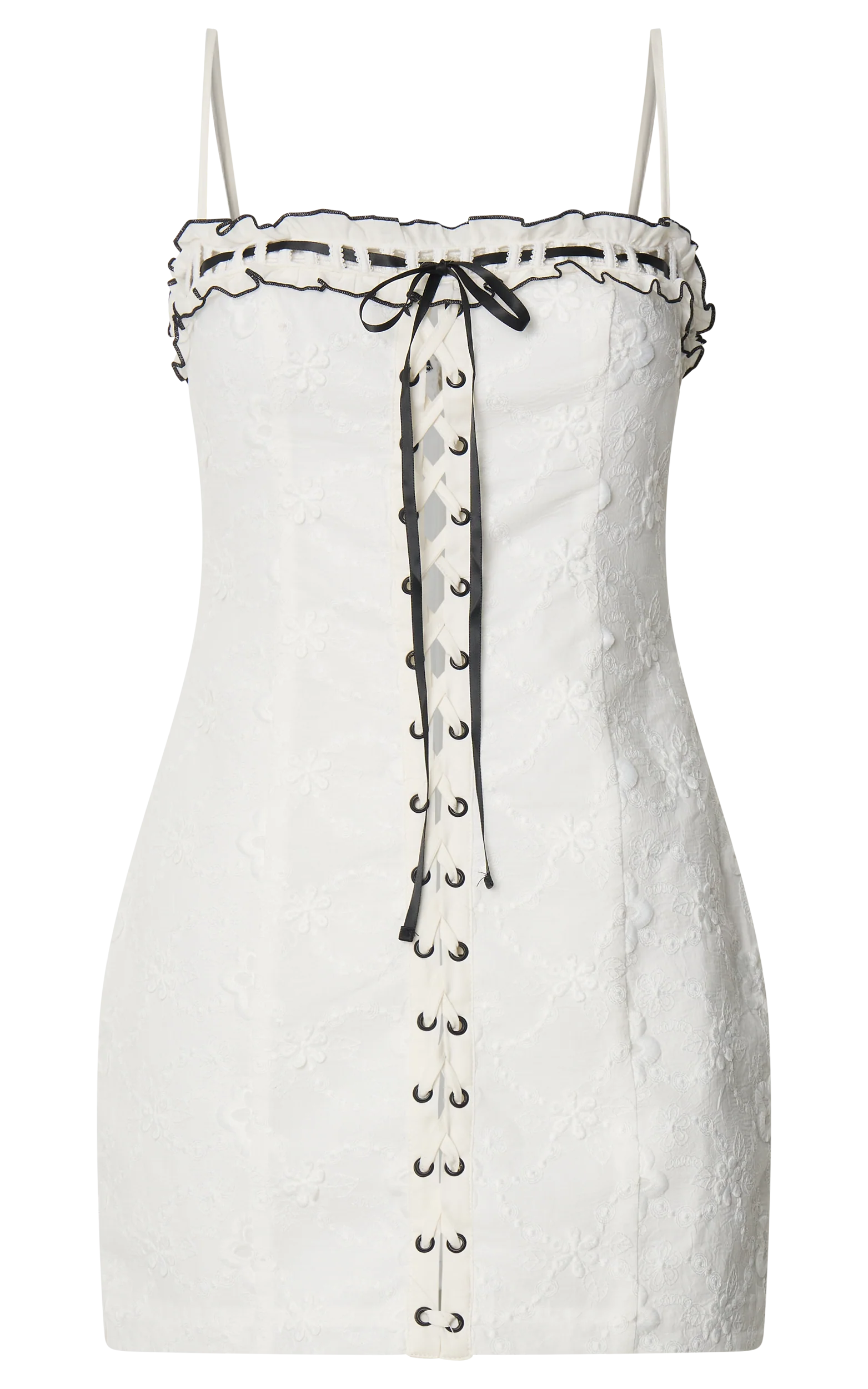 Gisele Mini Dress - Straight Neck Fitted Laced Front Dress in White