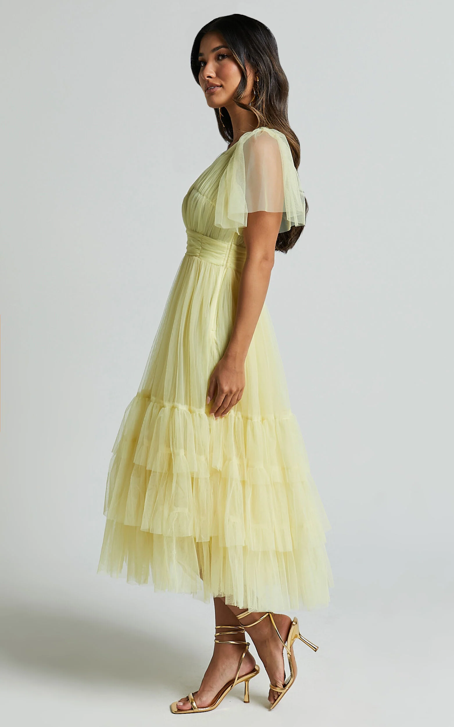 Jiraye Midi Dress - Flutter Sleeve Tuelle Plunge Dress in Lemon