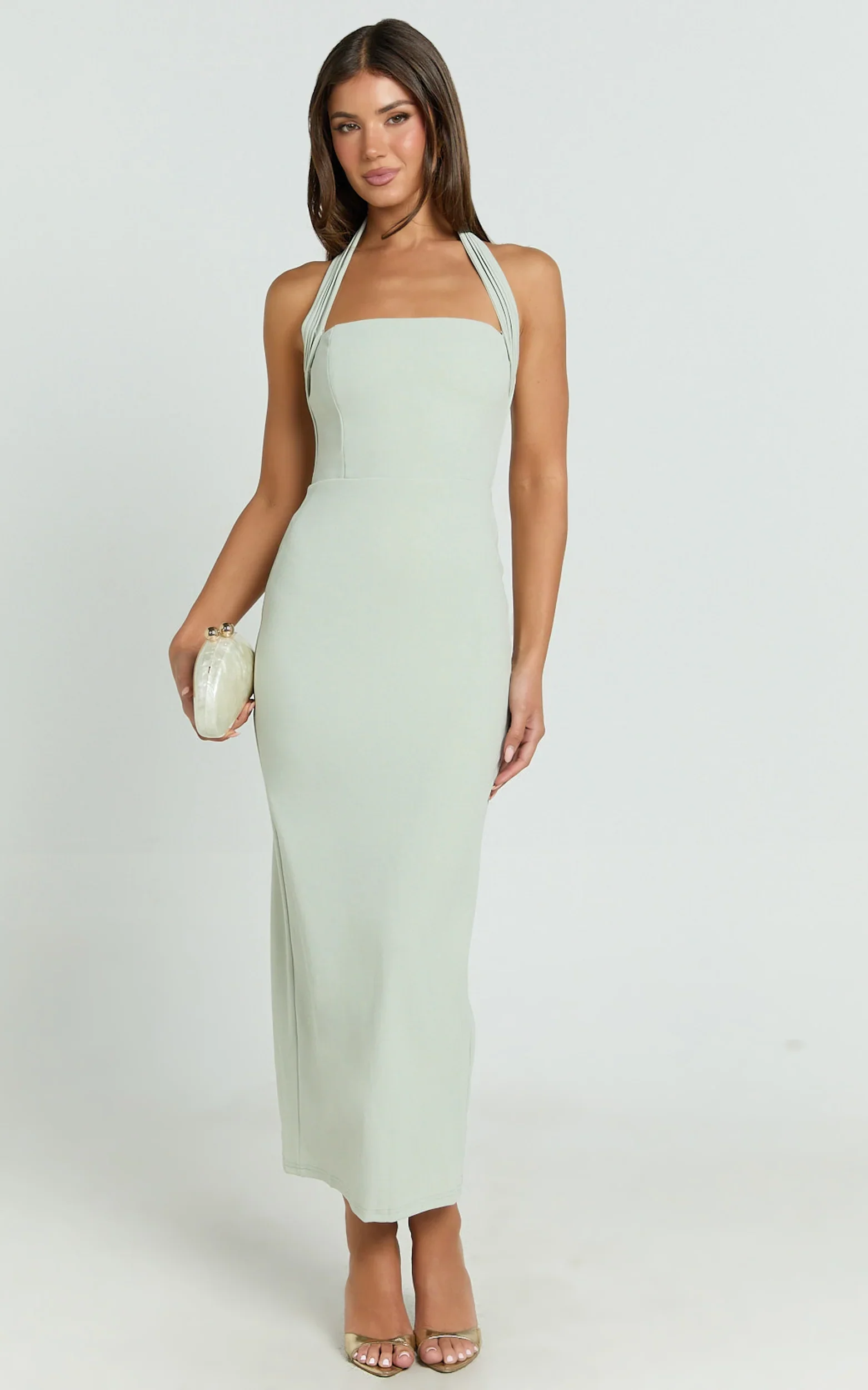 Salome Midi Dress - Halter Neck Column Dress in Sage