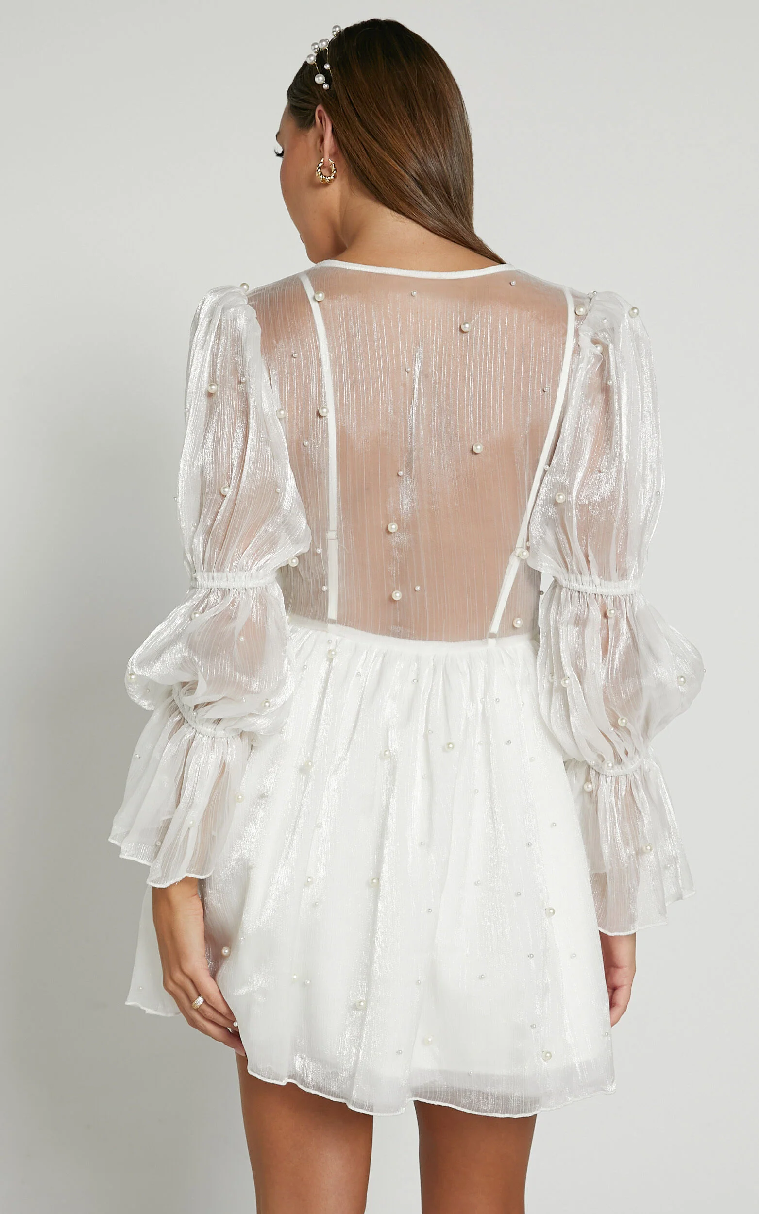 Solanna Mini Dress - Long Puff Sleeve V Neck Dress in White