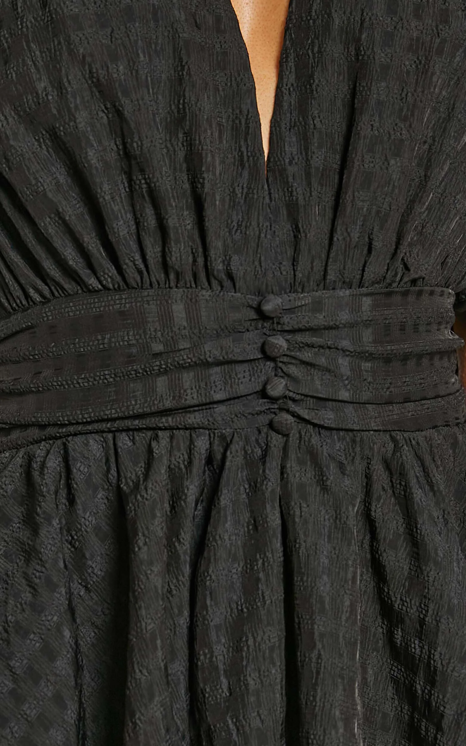 Xandy Mini Dress - Textured Puff Sleeve Plunge Dress in Black