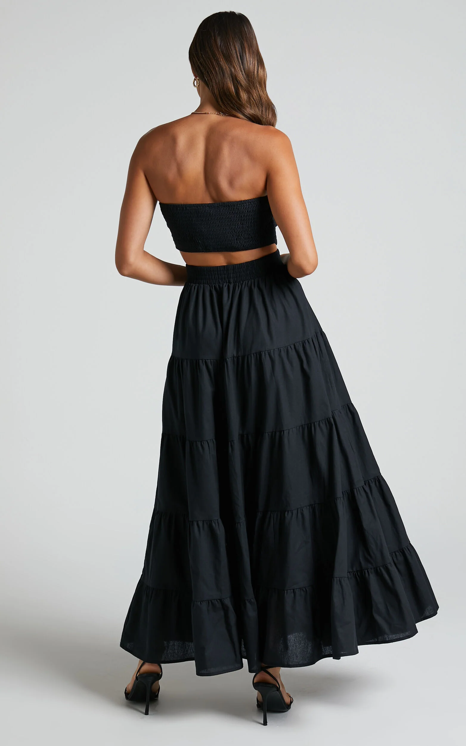 Xiomara Maxi Dress - Strapless Cut Out Tiered Dress in Black
