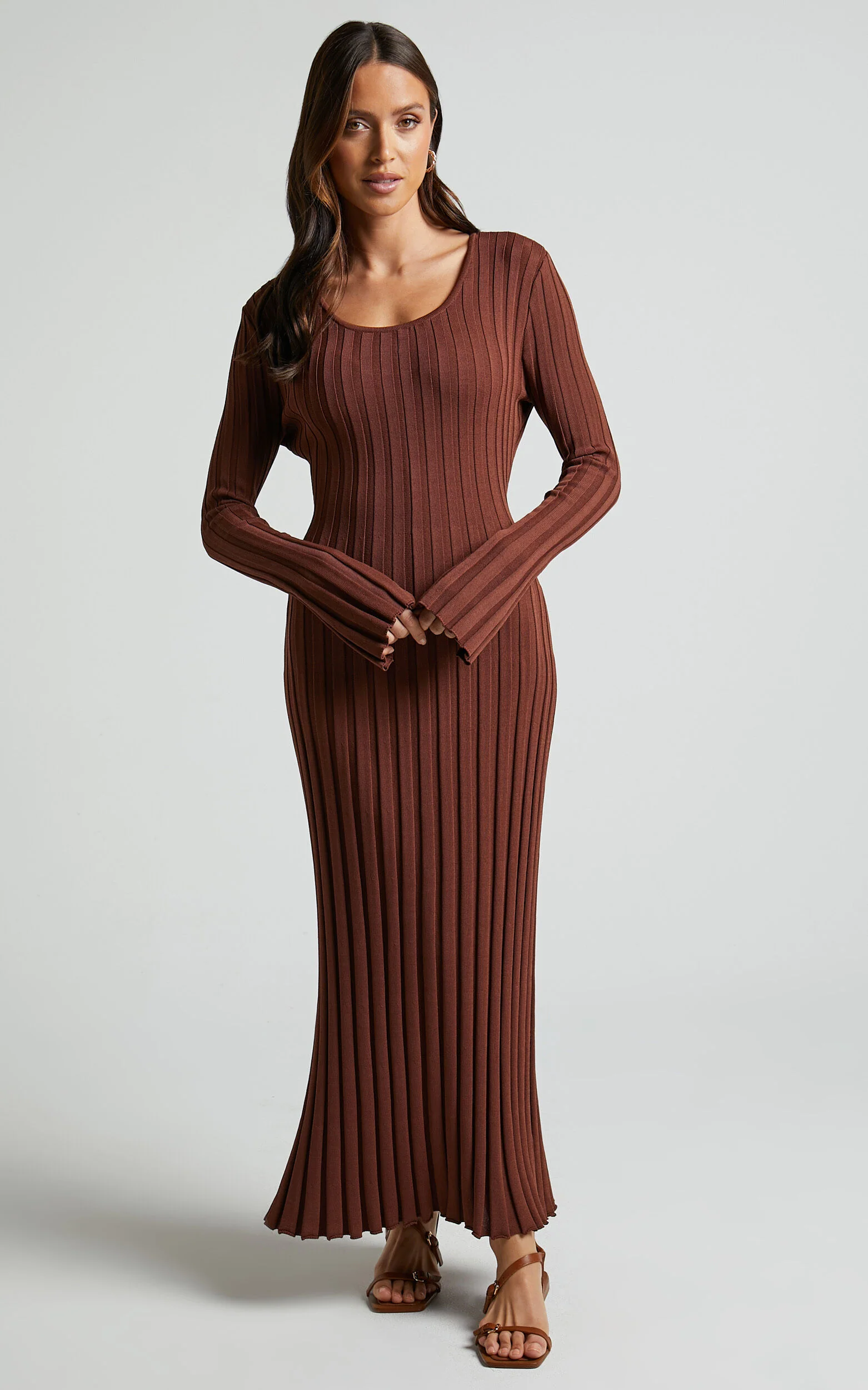Blaire Midi Dress - Long Sleeve Tie Back Flare Dress in Chocolate