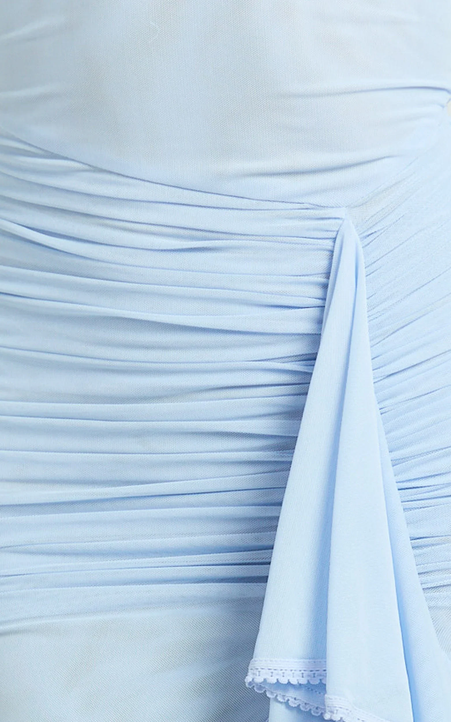 Brionna Midi Dress - Lace Neck Ruched Ruffle Hem Dress in Blue