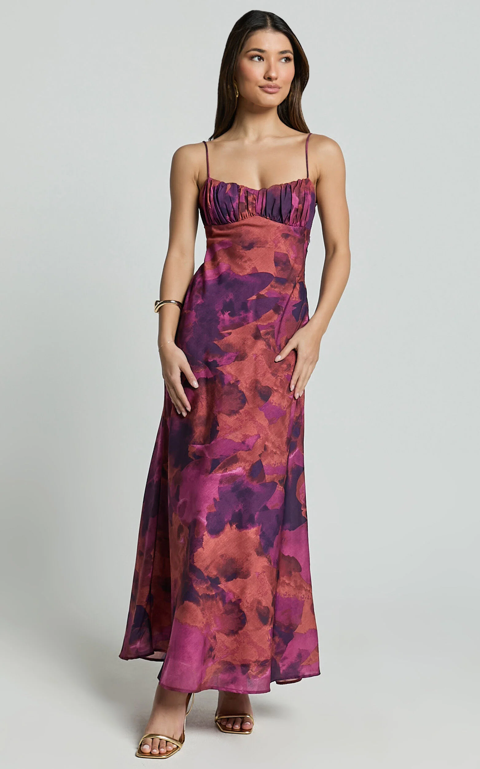Giselli Midi Dress - Adjustable Strap Ruched Bust Dress in Dark Rose Print