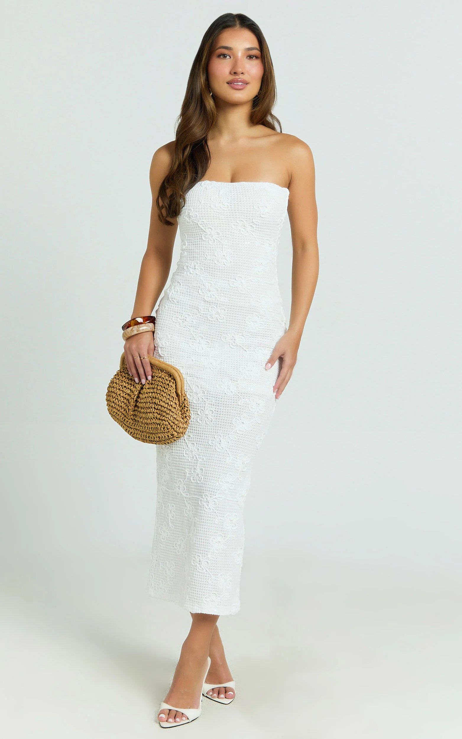 Jamil Midi Dress - Strapless Fitted Jersey Dress in White